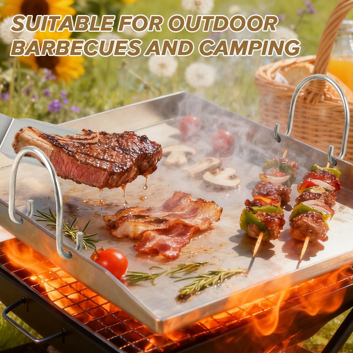 30×4×40cm Plancha Plaque de Cuisson avec 2 Spatules, Plaque de Cuisson en Acier Inoxydable avec Poignée Amovible, Plaque Plancha pour Barbecue Gaz pour Barbecue à Gaz et Barbecue à Charbon