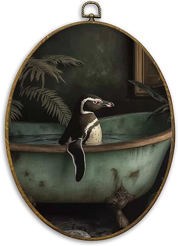 CUANFDDSF Decoración de pared ovalada de pingüino vintage para baño, regalos de pingüinos para mujeres, decoración colgante de pared, impresiones en