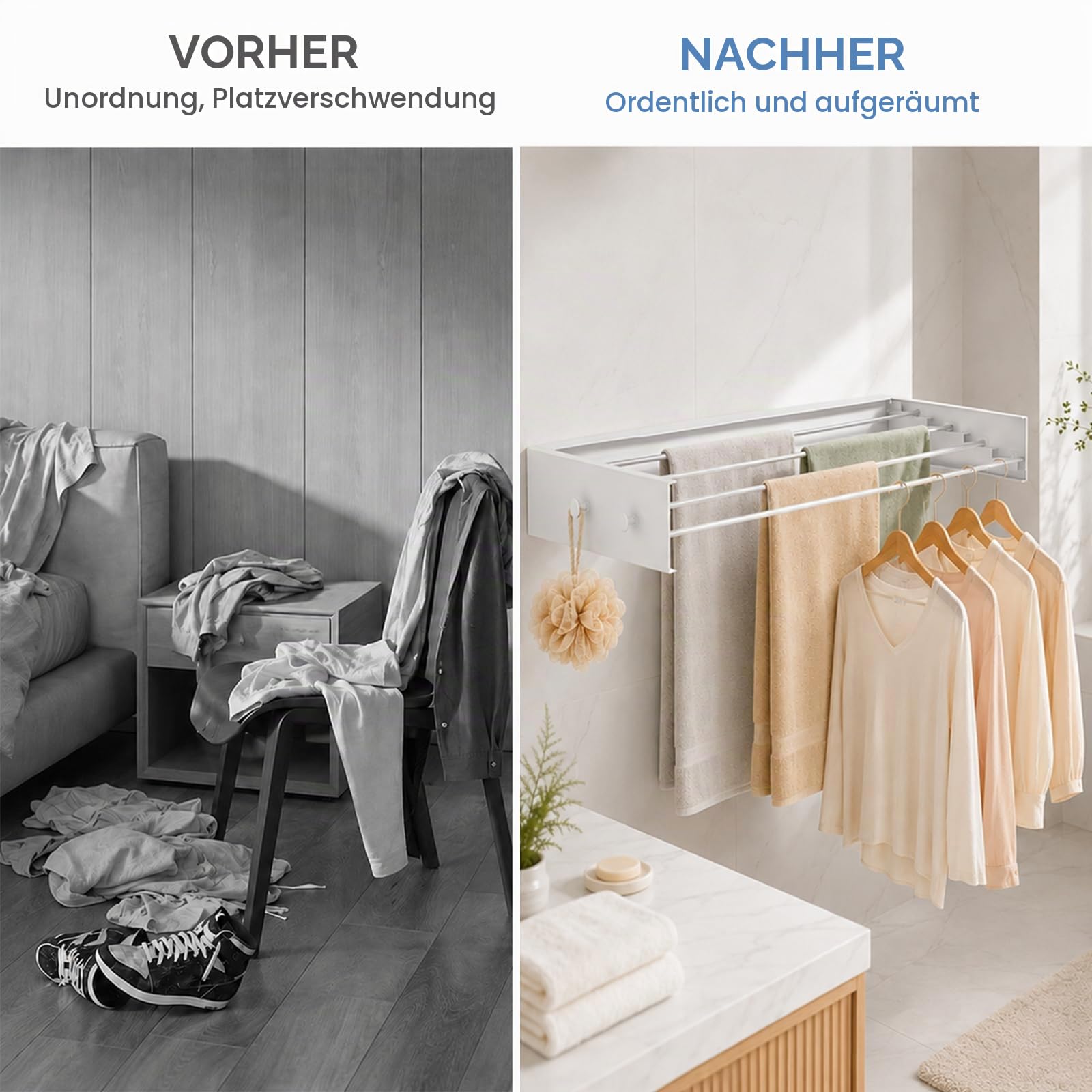Wäscheständer, 60cm Ausziehbare Wäscheleine Kohlenstoffstahl Wäscheständer Wand mit 4 Haken Platzsparend Handtuchhalter Wand 25KG Tragkraft für Innen oder Außen Balkon Terasse (60cm)