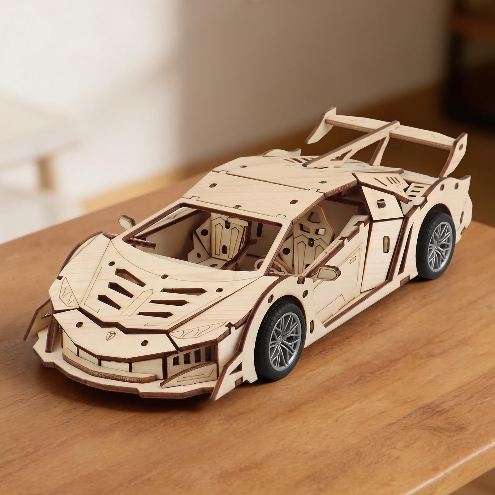 Foyucool 3D Wooden Puzzles for Adults, Mechanical Car Model Kits to Build, DIY Pull-Back Vehicle Construction Set, Creative Birthday for Teens Men (Sports Car)