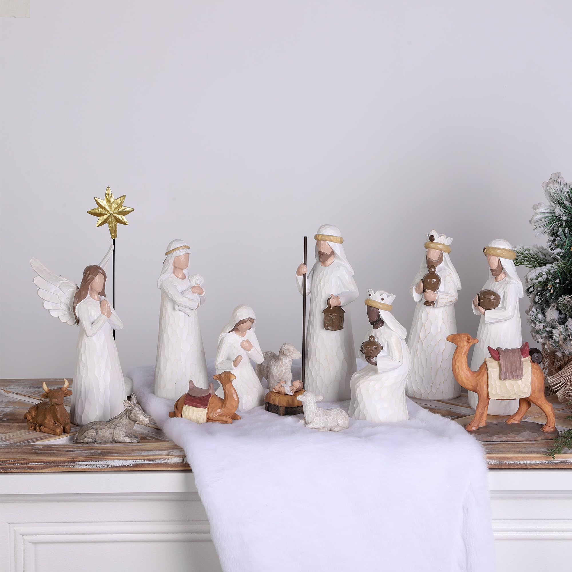 Fovths Ensemble de 16 pièces de crèche de Noël classique - Figurines de démarrage en résine - Décoration en résine - 17,8 cm - Figurine Sainte Famille pour Noël - Décoration d'intérieur
