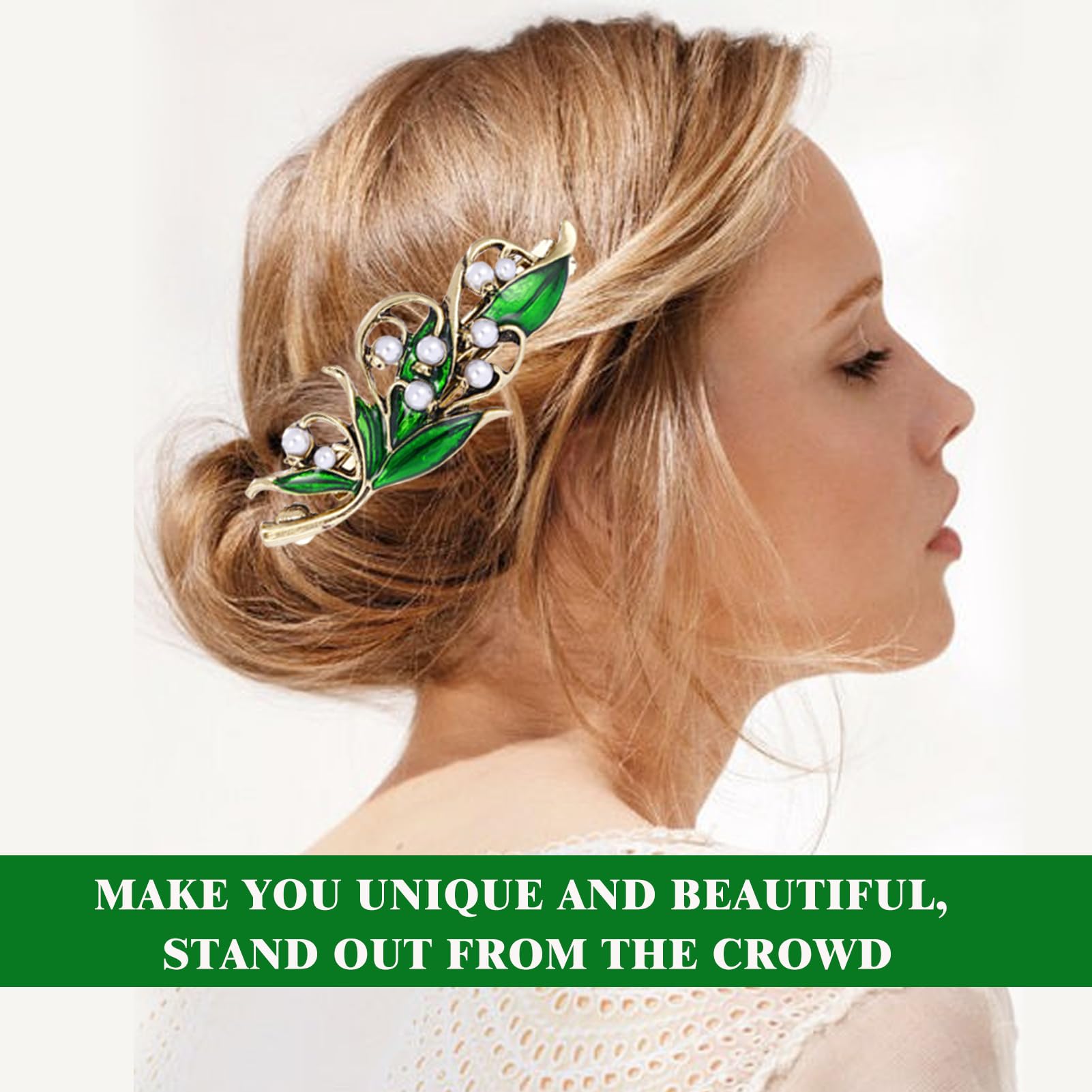 2Pcs Green French Vintage Leaf Hair Clip, Antique Metal Pearl Hair Barrettes for Women Green Hair Accessories - Image 4
