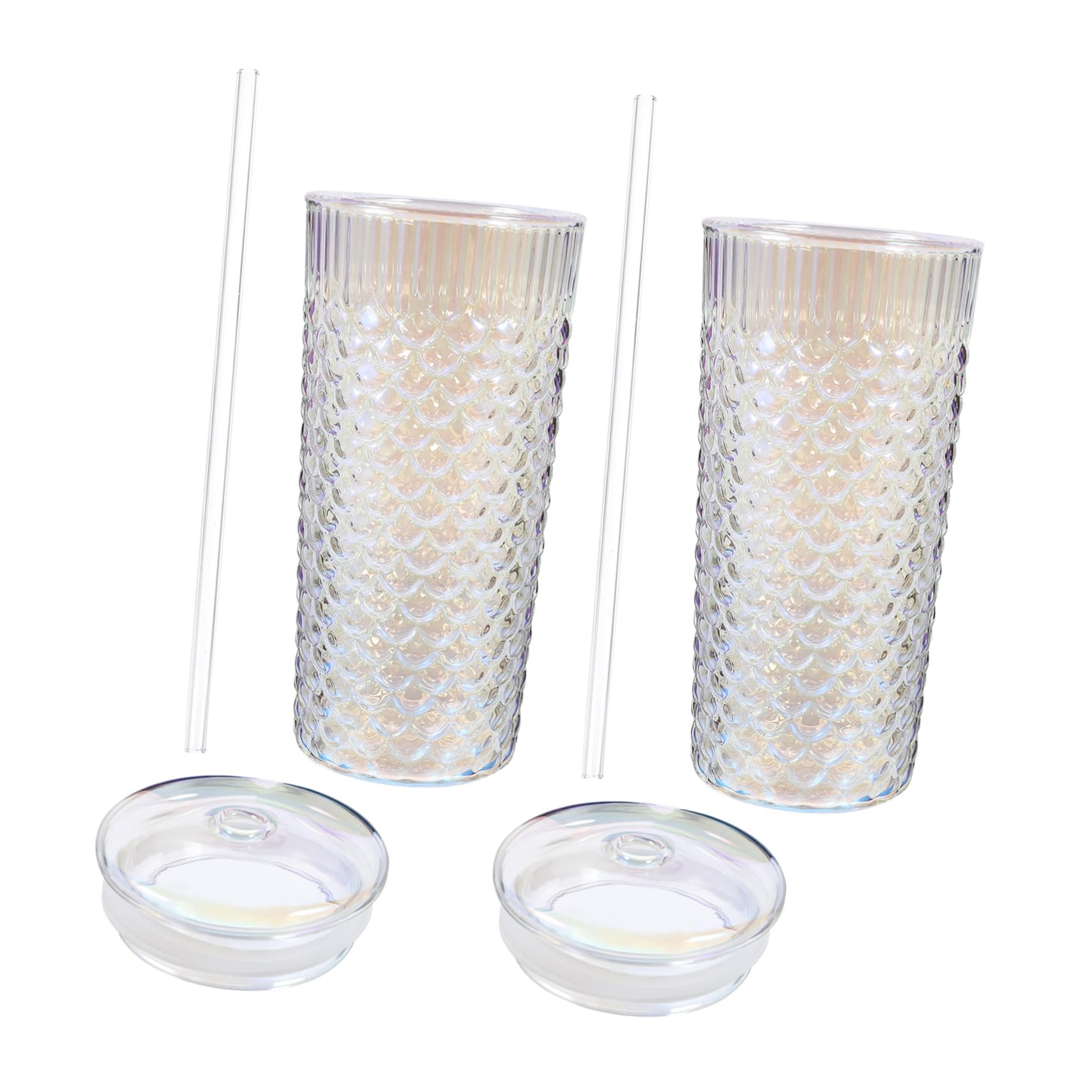 OHPHCALL Camping Essential Fish Scale Pattern Glass Cup Straw Lid for Iced Coffee Juice Water