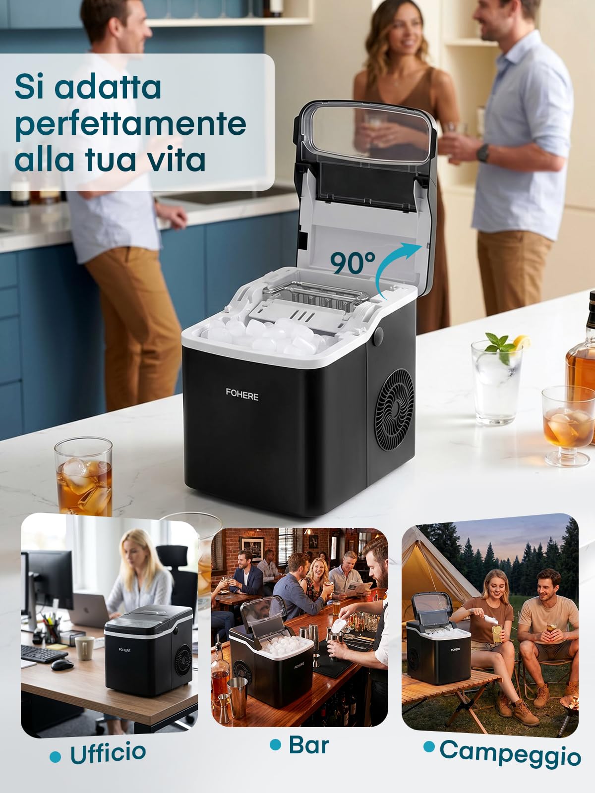 FOHERE Macchina Ghiaccio da Tavolo, 9 Cubetti in 5 Min, Capacità 14KG/24H, Macchina del Ghiaccio Autopulente con Coperchio Completamente Apribile, 2 Dimensioni, per Casa, Cucina, Ufficio, Campeggio