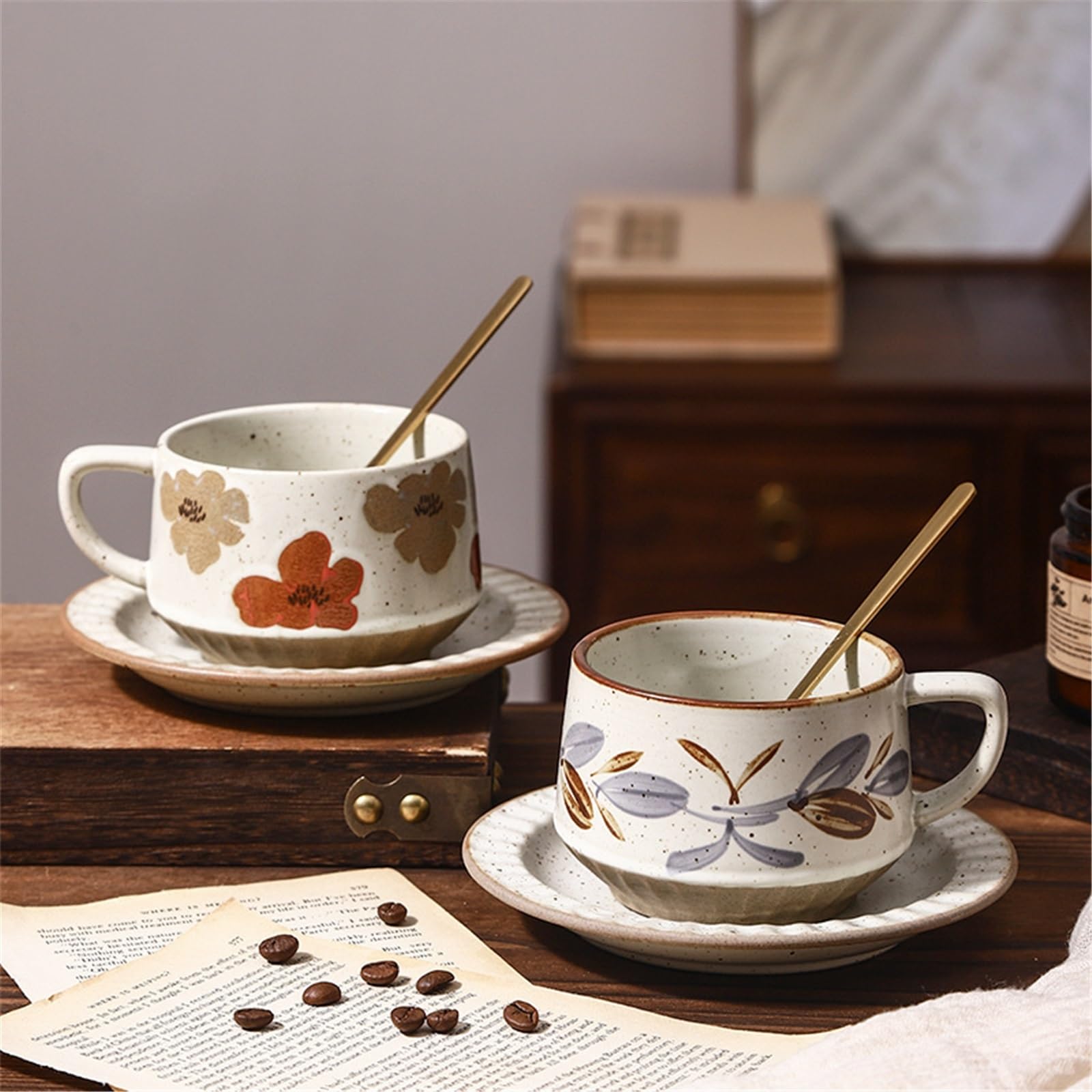Tazas de cerámica Juego de taza café/té cerámica con diseño vintage hierba y flores, platillo cuchara, 300 ml Taza de café