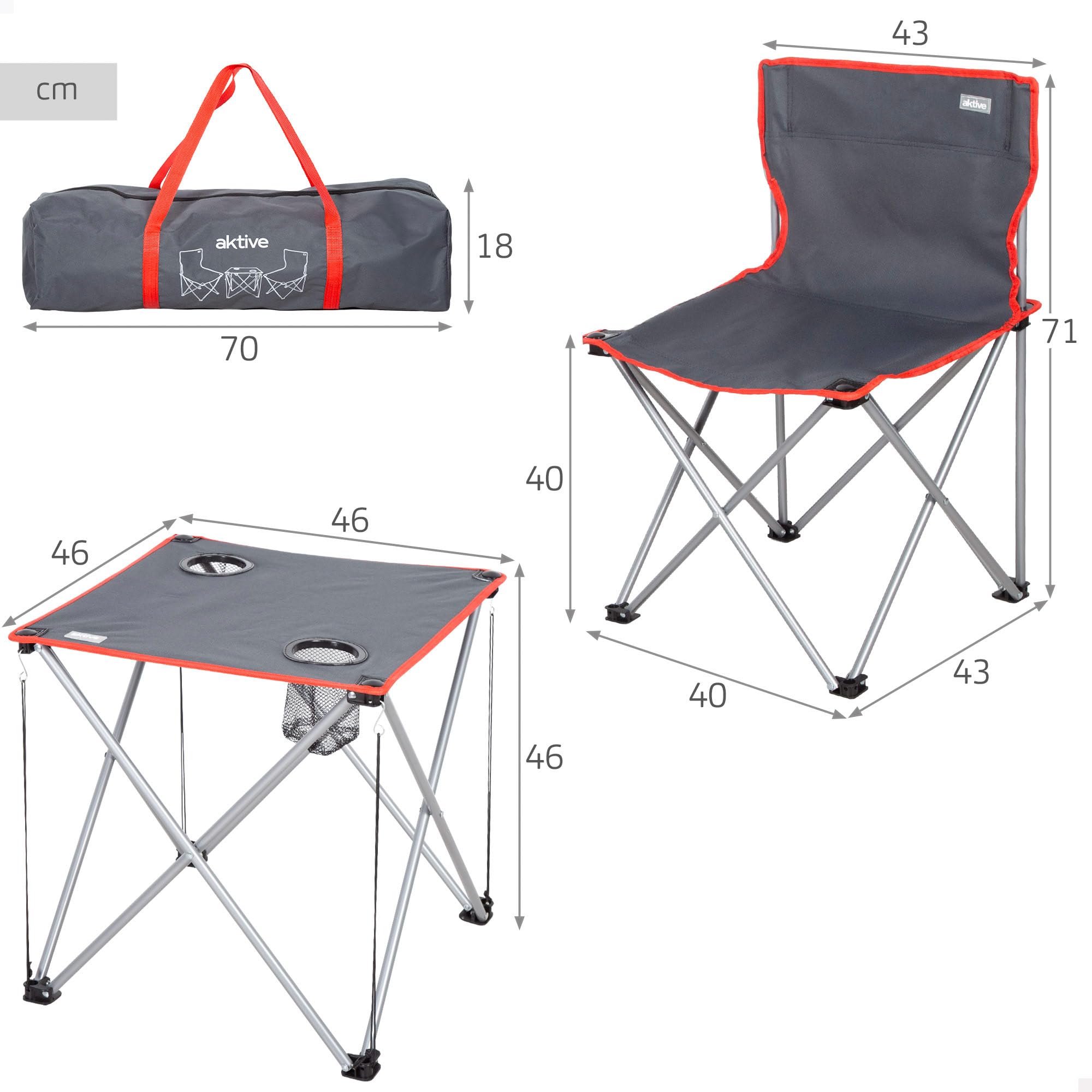 AKTIVE Set Camping Plegable, Mesa 46x46x46 cm, 2 sillas de 43x43x71 cm, Gris, Estructura Acero, Topes antivuelco, Peso soportado 110 kg, Posavasos Integrados, Bolsa de Transporte (63182)