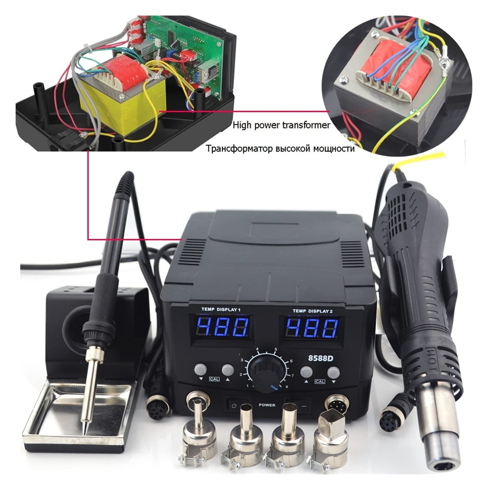 Stacja lutownicza, 800W 2 w 1 cyfrowy Esd Gorąca stacja lutownicza pistoletowego lutuowego żelaza SMD Desoldering Rewidation Station 8586 Upgrade