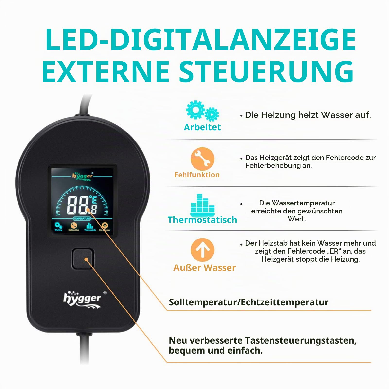 hygger 500W 800W Aquarium-Heizung, Unterwasser-Aquarium-Wasser-Heizung mit externem Farb-LED-Digital-Temperaturregler, schnelles Aufheizen für 60~180 Gallonen für Salz- und Süßwasser