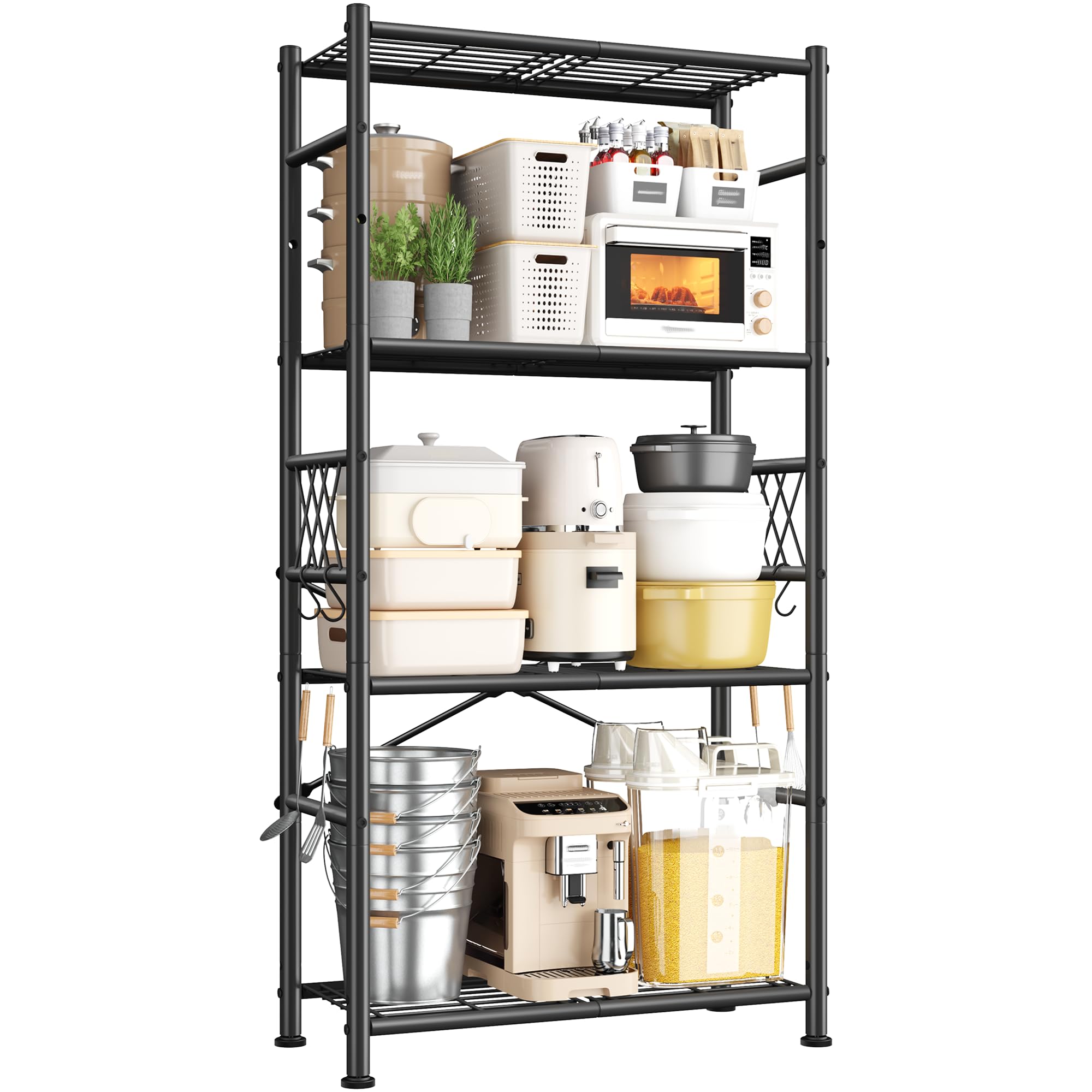Cliporix 4-Tier Metal Shelving Unit, 75W x 30D x 153H cm, Standing Shelf Units with 4 Hooks & Levelling Feet, Space-Saving Shelves Organizer for Bathroom, Pantry, Balcony, Easy to Assemble