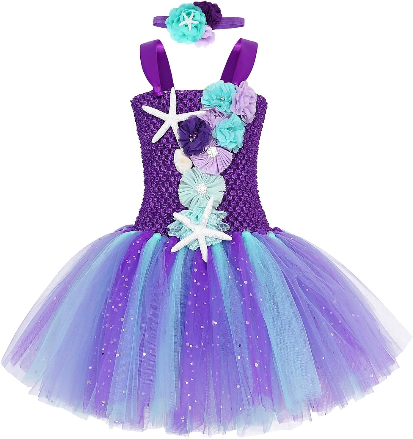 WonderBabe Mermaid Layered Tulle Tutu Dress for Girls Princess Costume Birthday Halloween Party Fancy Dress Up Outfit with Headband