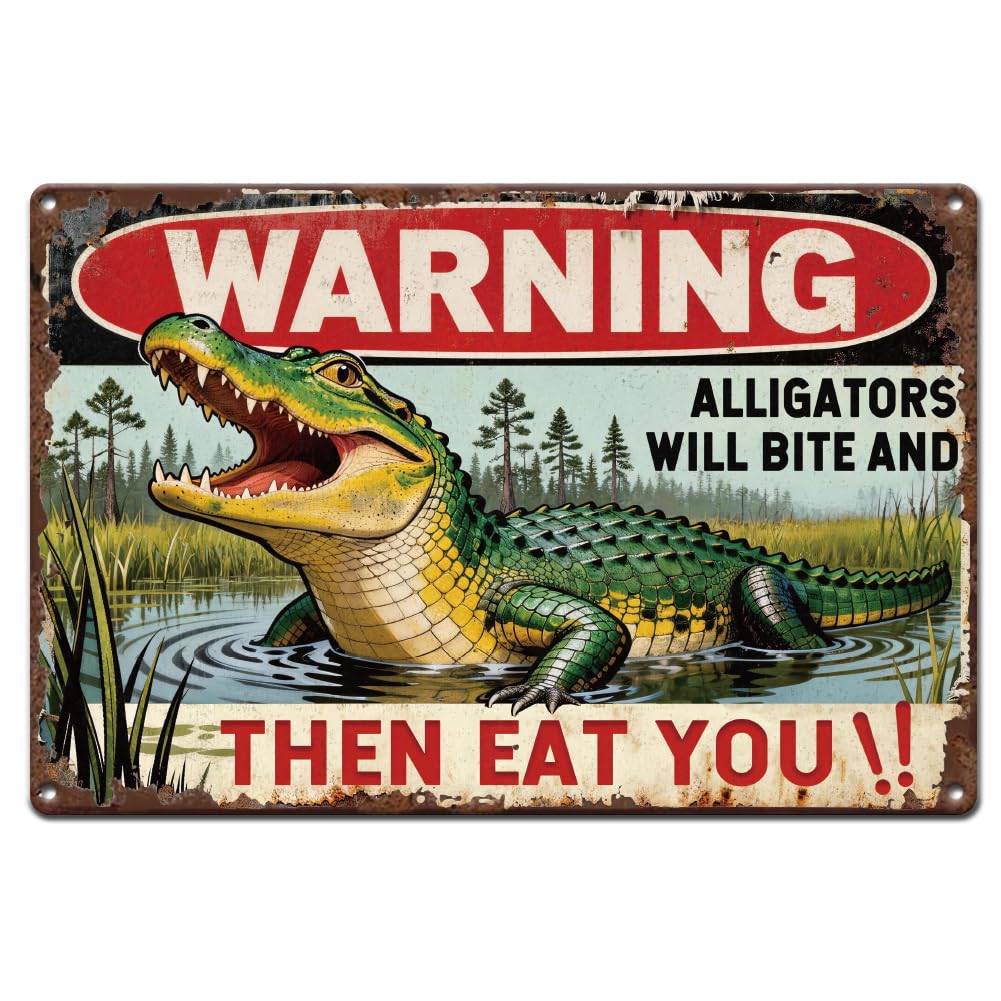 SUPERDANT Metal Tin Signs Crocodile Warning Metal Poster Whimsical Wall Art Plaques Tin Painting Man Cave Outdoor Camps Garage Bar Home Decorative Gifts Wall Decor 20x30cm