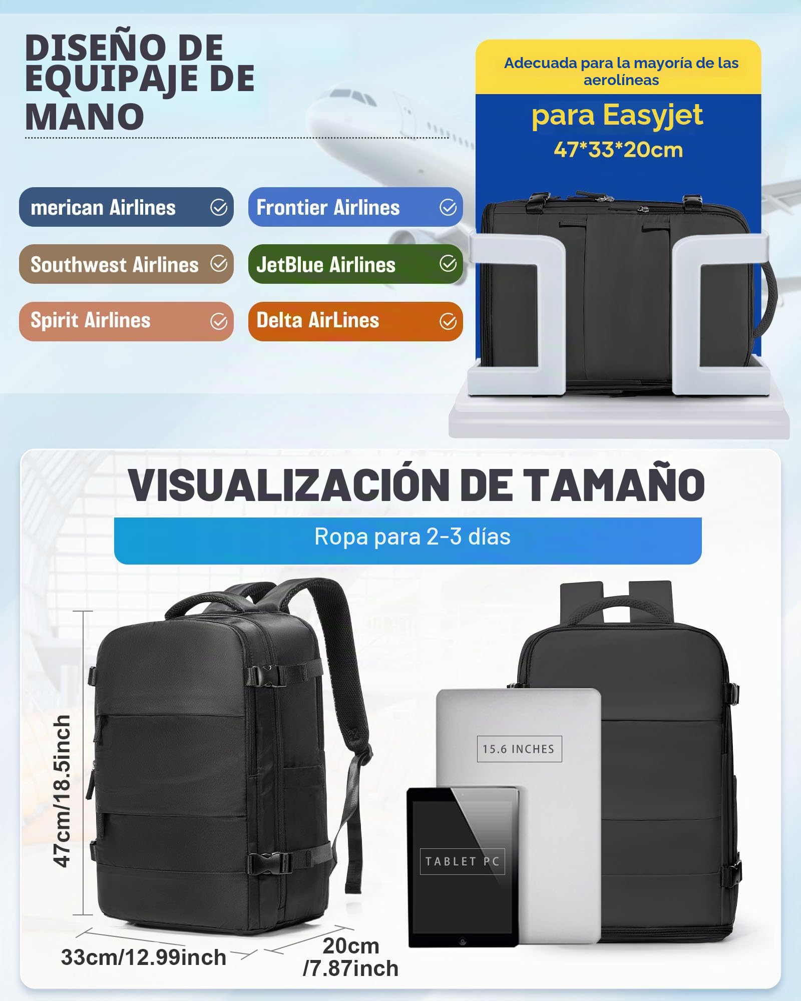 Mochila Cabina al Vacio Avion 45x36x20 Easyjet,Mochila Viaje Vacio con Bomba Equipaje de Mano Compresion al Vacio Mochila Portatil Hombre y Mujer,Negro