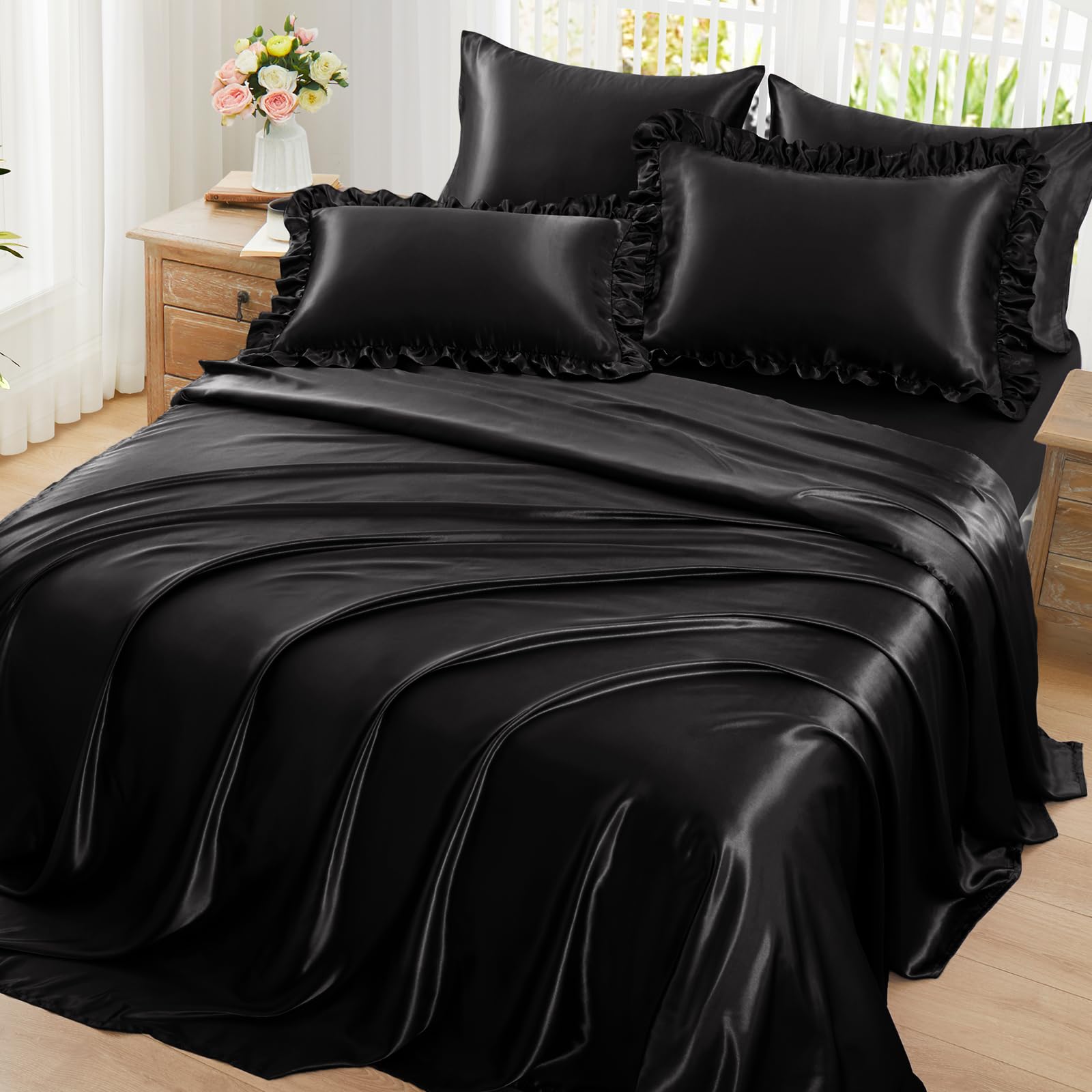 Homiest Ruffled Satin Sheets Full Size 6pc Set - Black Bed Sheet Set with 15 Inch Deep Pocket Fitted Sheet, 1 Flat Sheet, 2 Ruffled Pillow Shams & 2