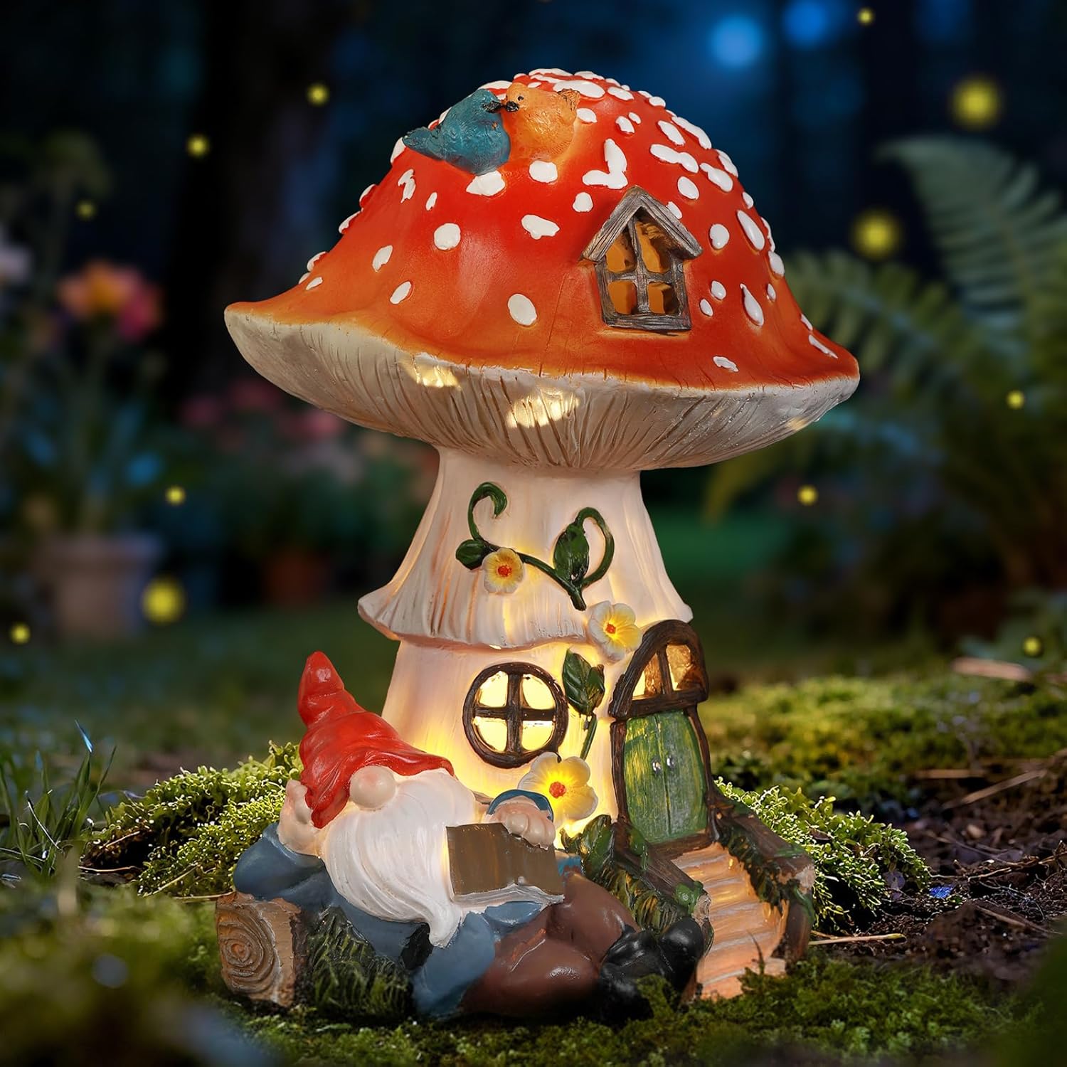 Solar Mushroom Statue Outdoor Decor,Gnome Reading Under Mushroom Figurine with LED Light, Fairy Garden Patio Lawn Yard Decor Christmas Housewarming Gifts for Women Mom Grandma