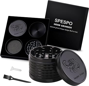 Herb Grinder, Aluminium Premium Metal Grinder 2.5inch with Embossed Cool Scorpion, 4 Pieces, Large Grinder with Pollen Scraper Black, CH-290