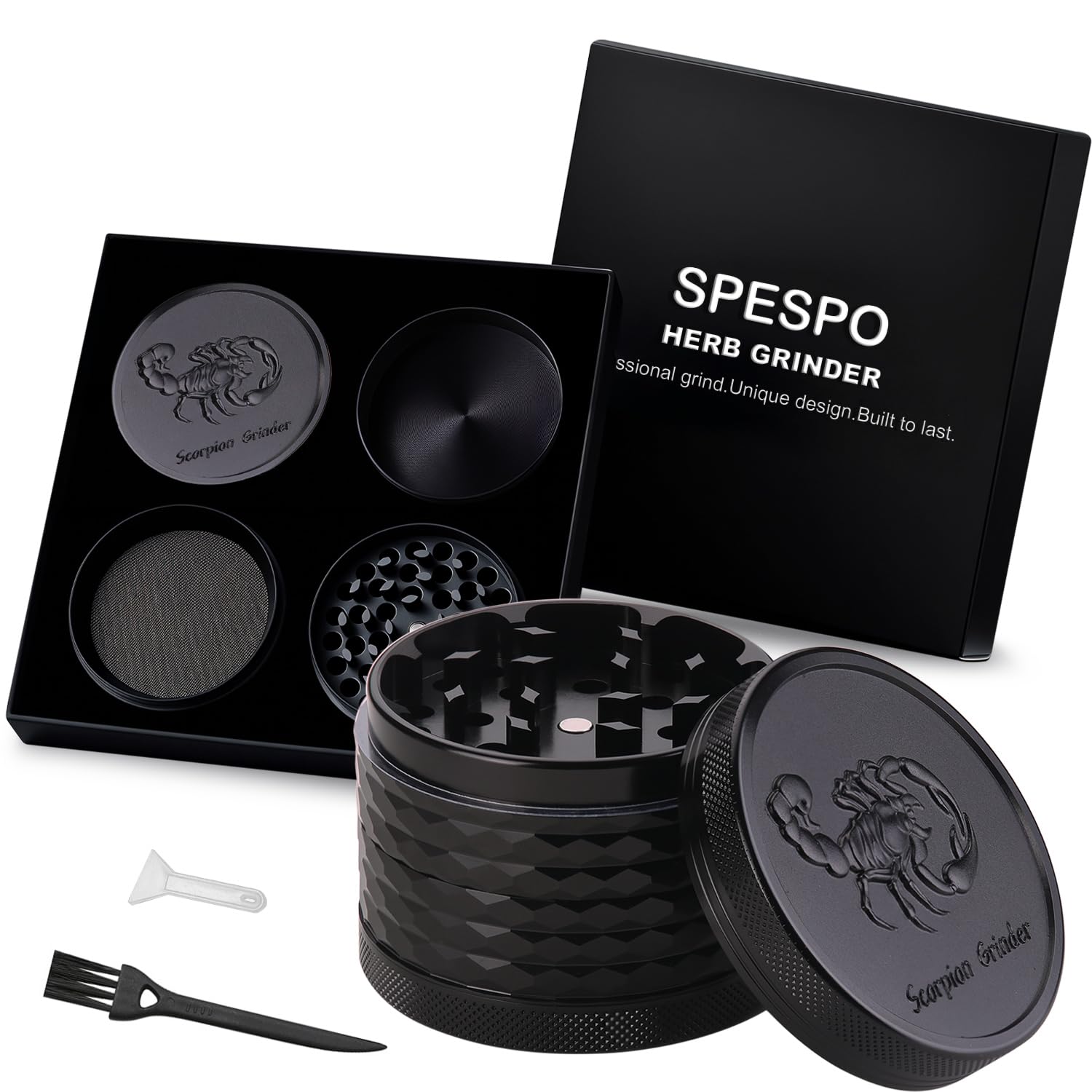 Herb Grinder, Aluminium Premium Metal Grinder 2.5inch with Embossed Cool Scorpion, 4 Pieces, Large Spice Crusher with Pollen Scraper, Black Gift Box Package (Black)