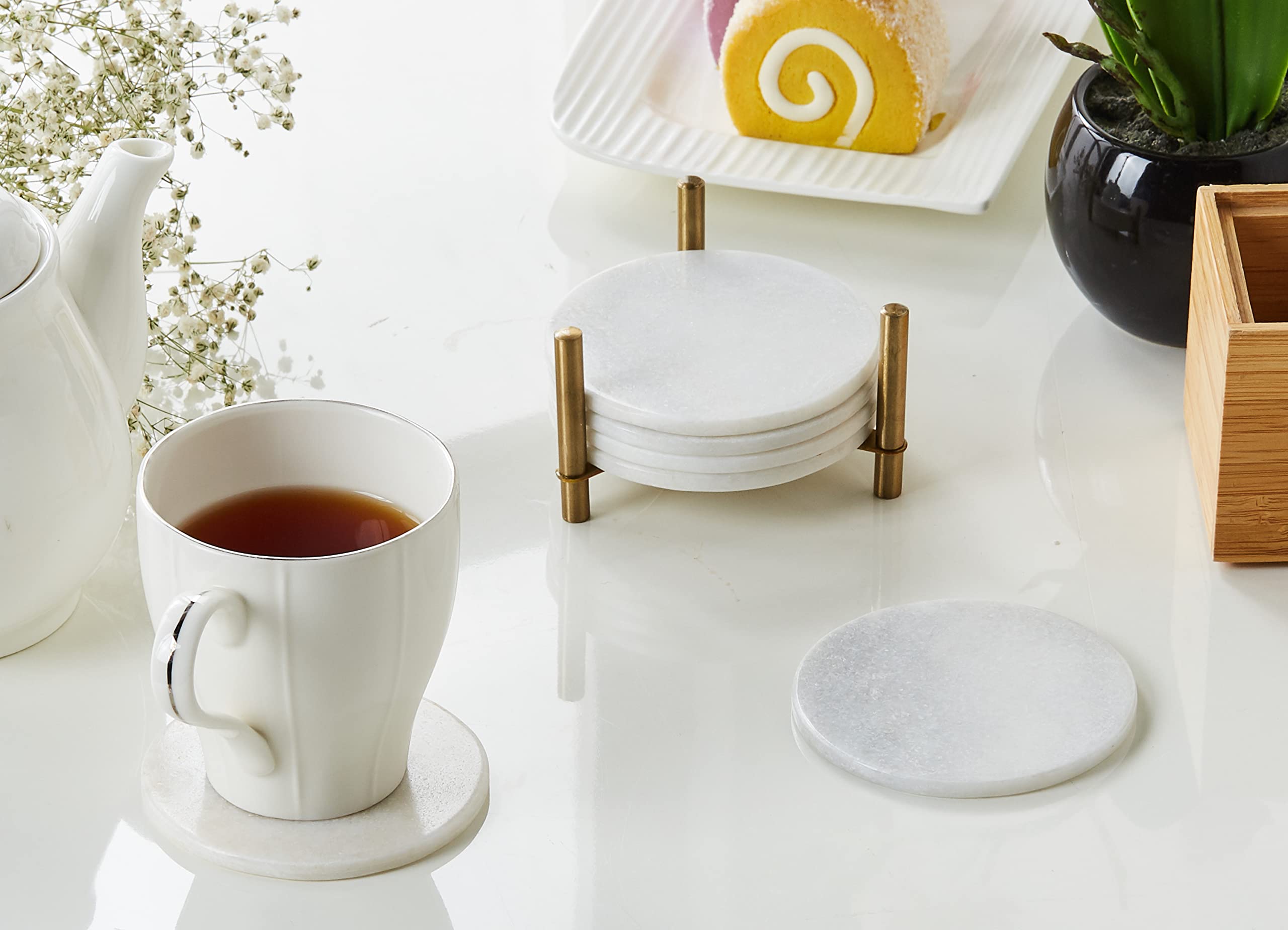 Queenza Marble Coasters, Set of 6 Pearl White Marble Drink Coasters with Holder, 3.5 Inch Wide, 5 mm Thick - Image 2