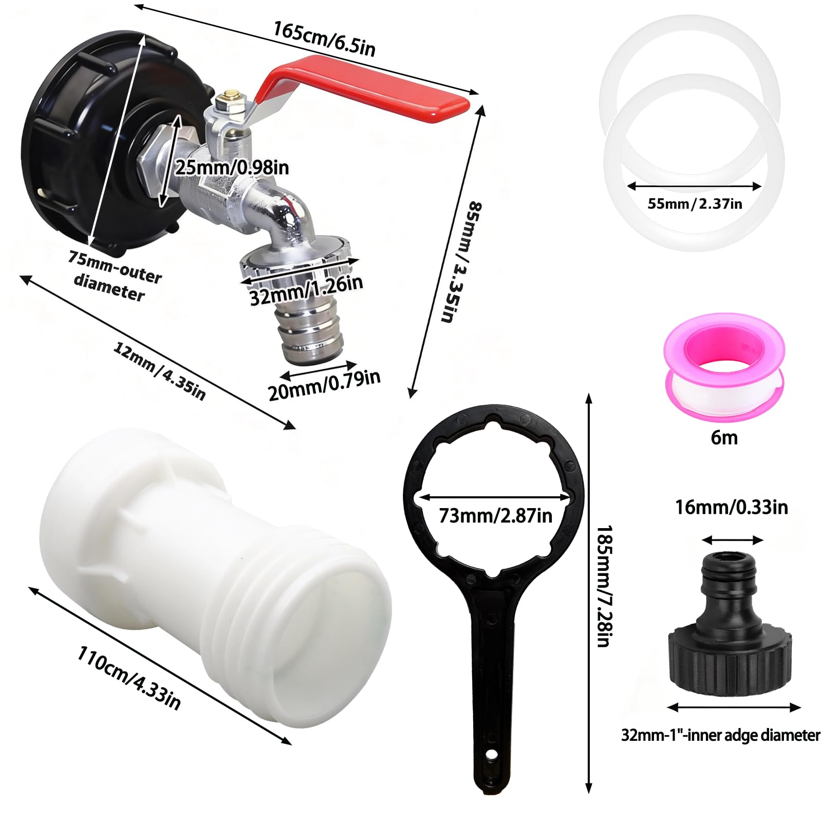 IBC Container Accessori, IBC Rubinetto di Scarico Set, mit Chiavi Tappo del Tamburo, Raccordo Cisterna 1000 Litri, Adattatore Rubinetto Pollici in Lega 1/2, per Cisternetta Serbatoio Acqua Piovana - 2