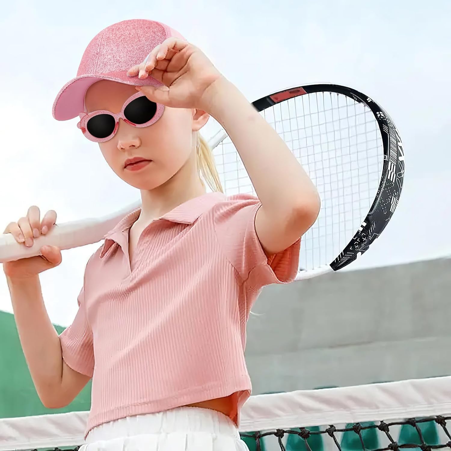Girls Baseball Cap Kids Sunglasses, Glitter Sun Hat Breathable Mesh Ponytail Cap Trucker Cap Adjustable Summer Hat for Girls Outdoor Sports Pink - Image 7