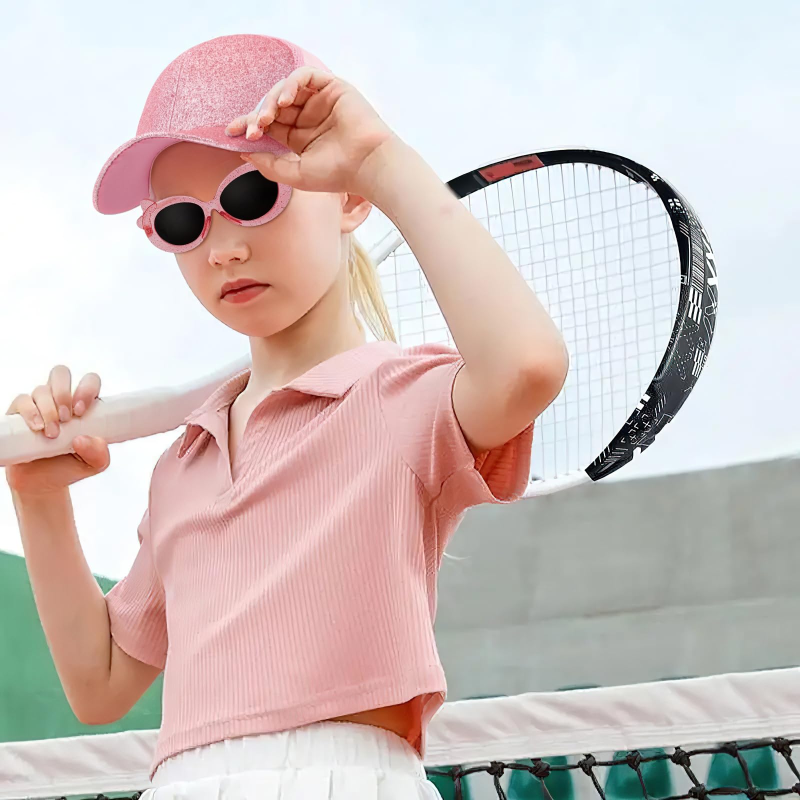 Gorra de Béisbol para Niña con Cola de Caballo, Ajustable Gorras de Malla y Gafas de Sol Sombrero Verano con Purpurina para Niñas Deportes al Aire Libre Playa (Rosa)