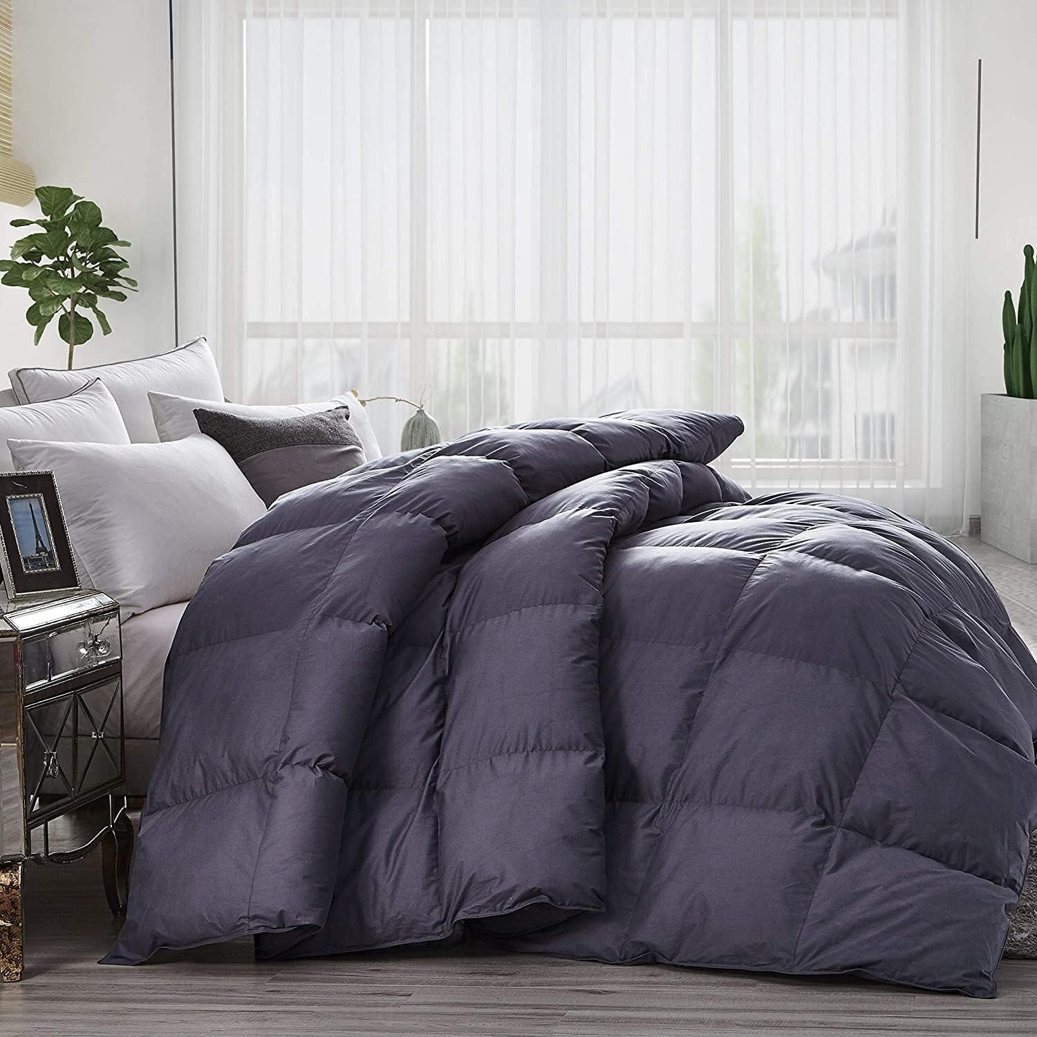 Luxurious All-Season Goose Down Feather Comforter Duvet Oversize 108 x 98 inches, Gray, Baffle Box, 1200 Thread Count 100% Egyptian Cotton Cover, 750+ Fill Power (California King/Palatial King)