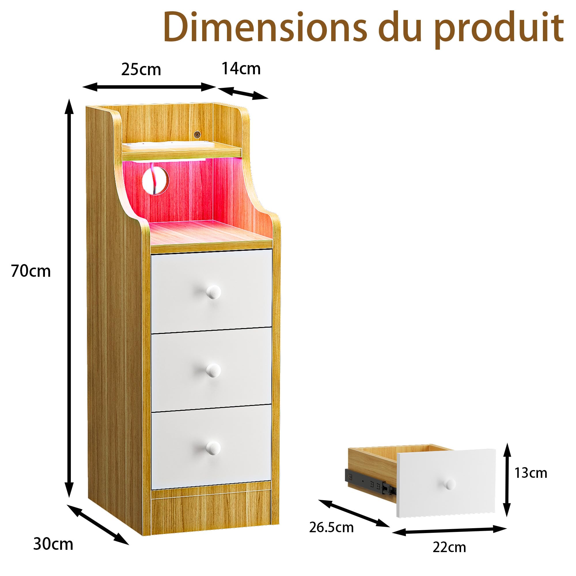 Table de Chevet Etroite avec Éclairage LED RGB et Prise 2 AC 2 USB, Table de Nuit Étroite Bois avec 3 Tiroirs, Lumière Bluetooth Table d’Appoint pour Salon Chambre Bureau, Marron 30x25x70cm