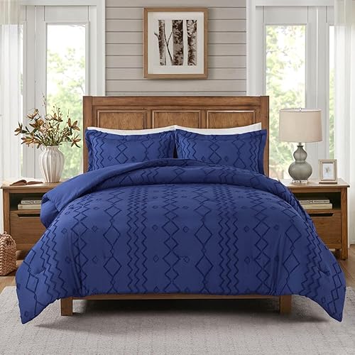 Tufted Jacquard Comforter Set King Size, Boho Bedding Comforter Set, 3 Piece Soft Microfiber Bedding Comforter Set for All Seasons,Navy (104 * 90 Inch Comforter & 2 Pillowcases 36 * 20 Inch)