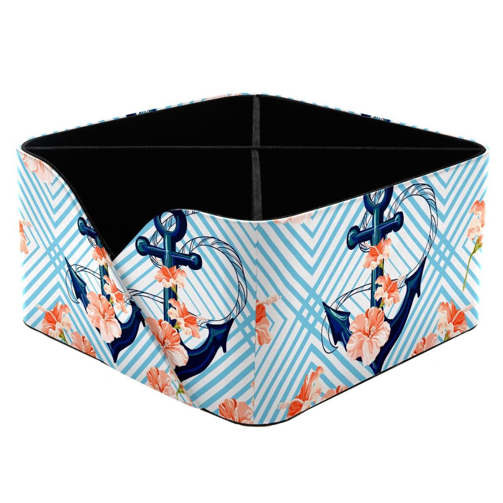 KengjuTesu Beautiful Tropical Anchor Hibiscus Geometric Stripes Pattern Desktop Organizer Pen Holder, Rectangular Pencil Cup for Office, Study and Makeup Stations