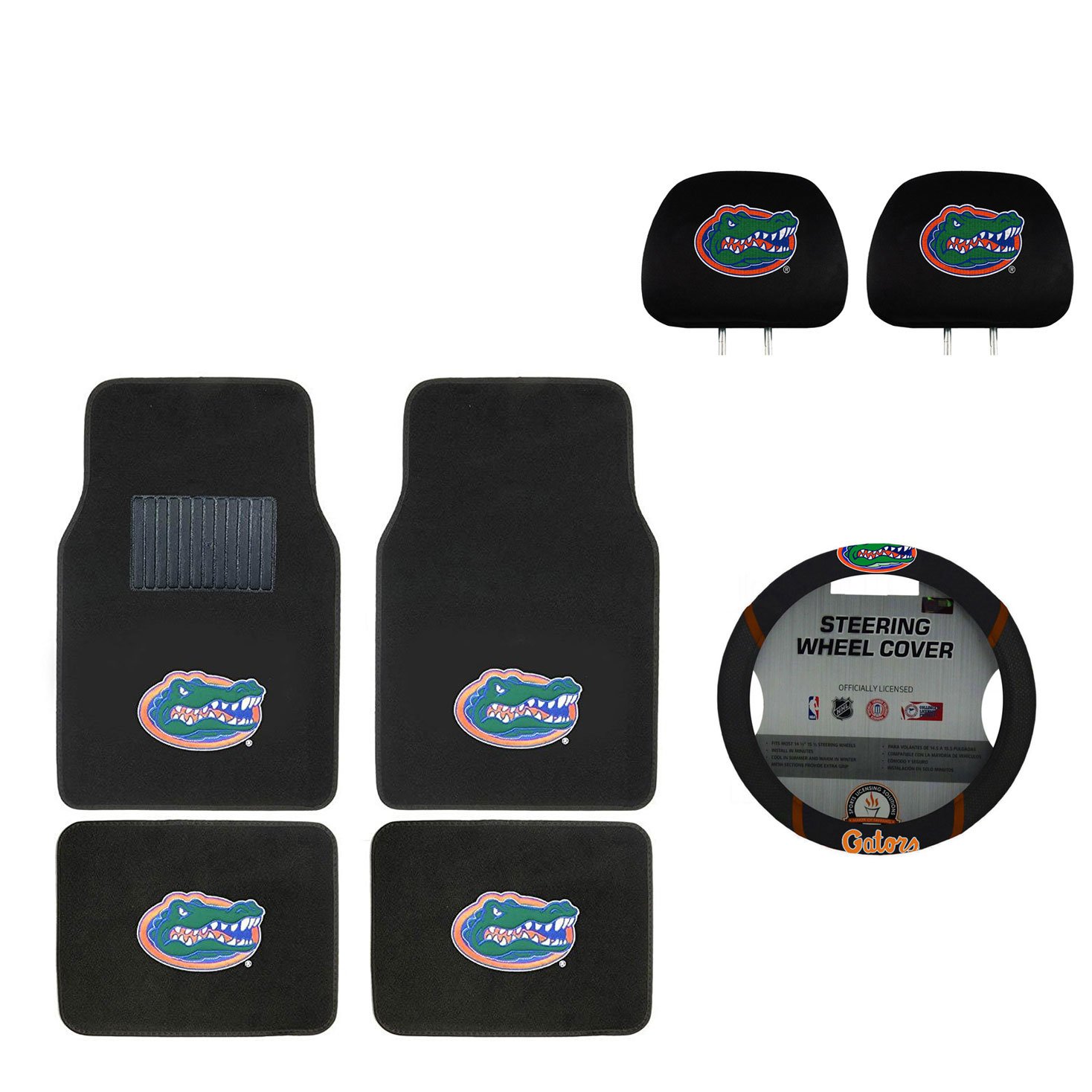 MULTI_B University of Florida Automotive Gift Set.Wow! Logo On Front and Rear Auto Floor Liner. You get 2 Head Rest Cover 4 Floor Mat and 1 Wheel Cover in This Gift Set. Perfect to Florida Gators Fan