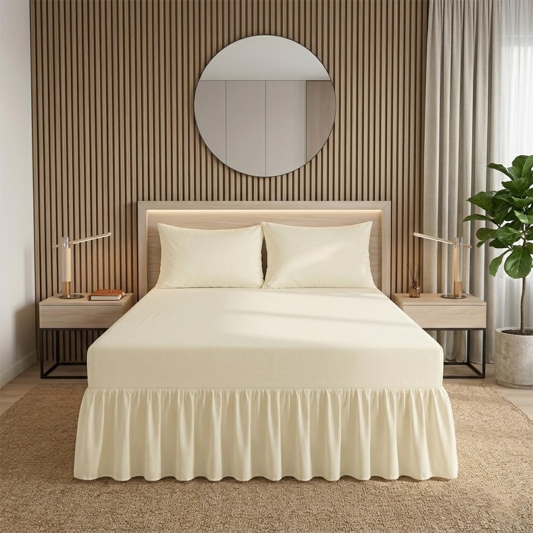 Ziya Homes Fitted Valance Sheets - Polycotton Frilled Bed Skirt, Anti Allergic, Extra Deep, Easy Care (Cream, Single)