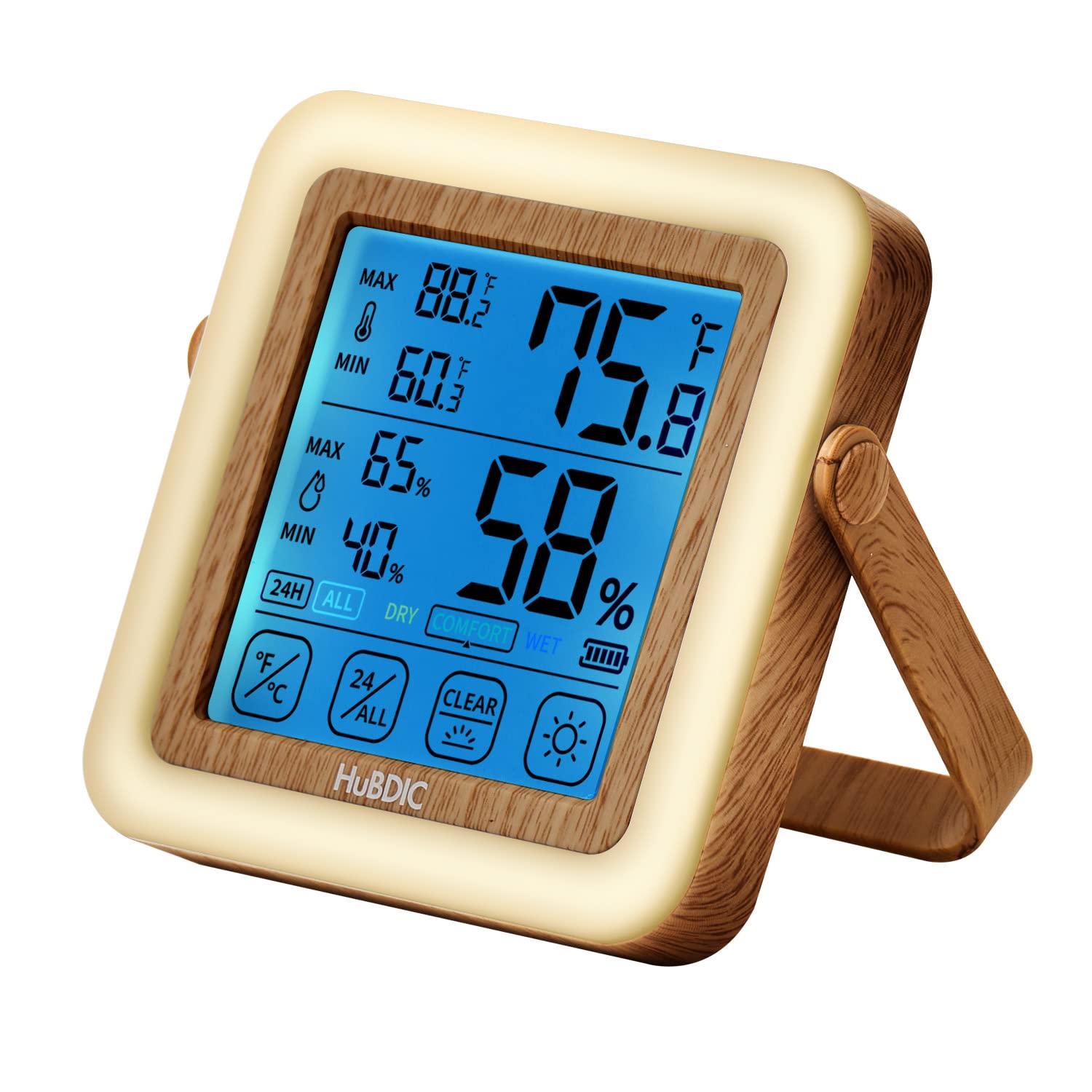 HuBDIC Hygrometer with 3 Level Bright Nightlight, Indoor Thermometer and Humidity Gauge, Temperature and Humidity Monitor for Home and Baby Room, Rechargeable, Portable Nightlight in Dark (Light Wood)-image-24