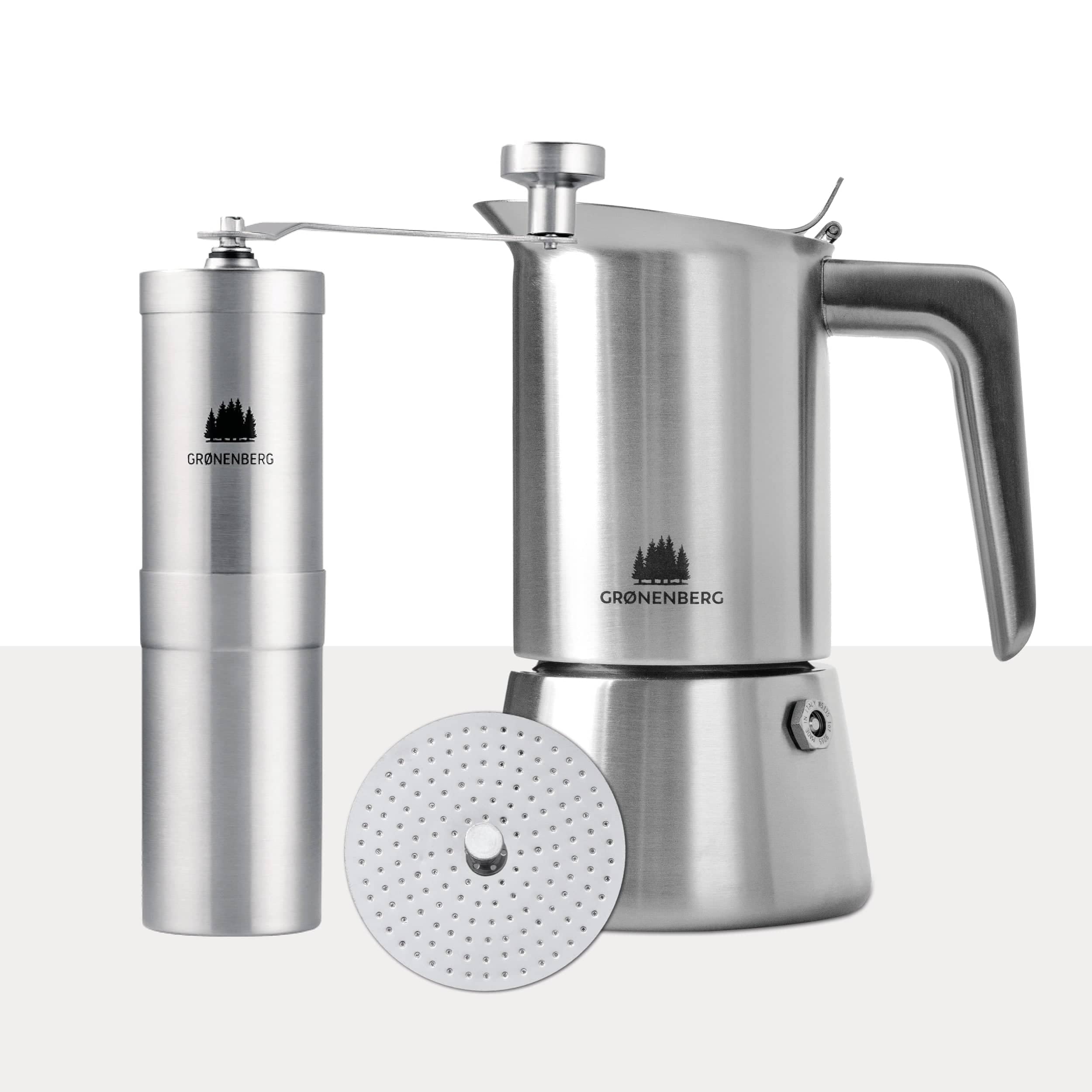Groenenberg Spar Set 4 | Espressokocher Edelstahl 6 Tassen + Kaffeemühle manuell | Induktion Espressokanne (300ml) + Handkaffeemühle