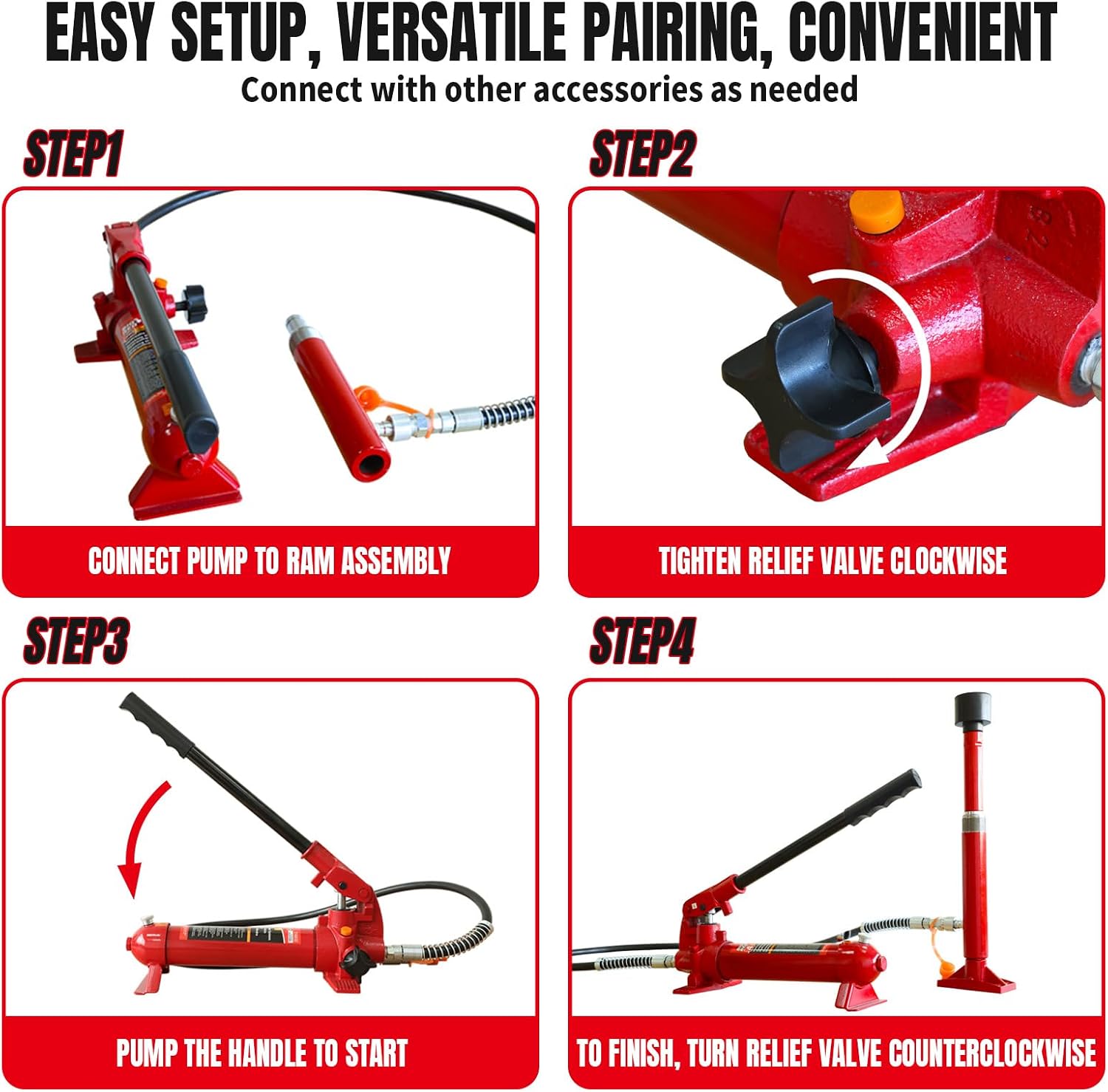 BIG RED 4 Ton Porta Power Kit, 17-Pcs Hydraulic Ram Auto Body Frame Repair Kit With Blow Mold Carrying Storage Case, 8000 Lbs Capacity,Red, T70401S Torin
