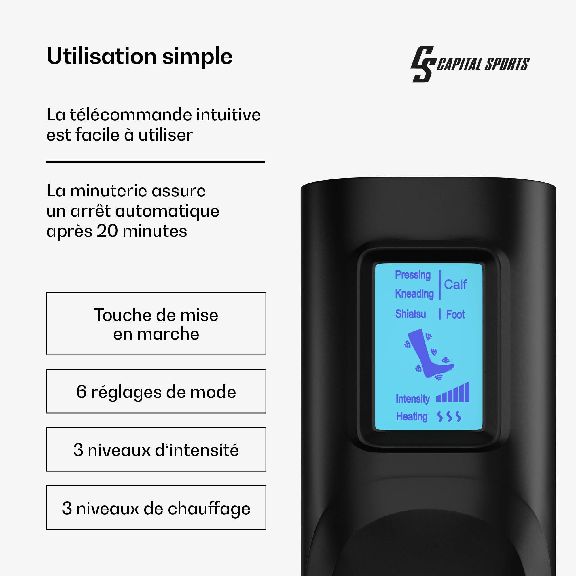 Capital Sports ReCrest Masseur de Jambes – Massage Complet des Jambes&Pieds avec Chaleur, 6 Modes, 3 Intensités, 4 Chambres de Pression pour Soulagement Musculaire, Télécommande & Minuteur Automatique