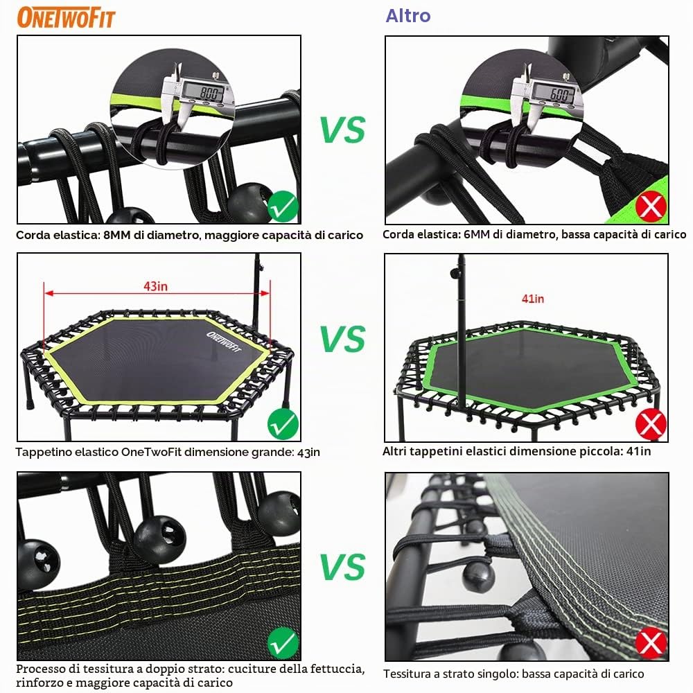 ONETWOFIT Mini Fitness Trampolino 48"/51'' Silenzioso con Manubrio Regolabile Attrezzo per Fitness e Salto Allenamento Cardio Trainer