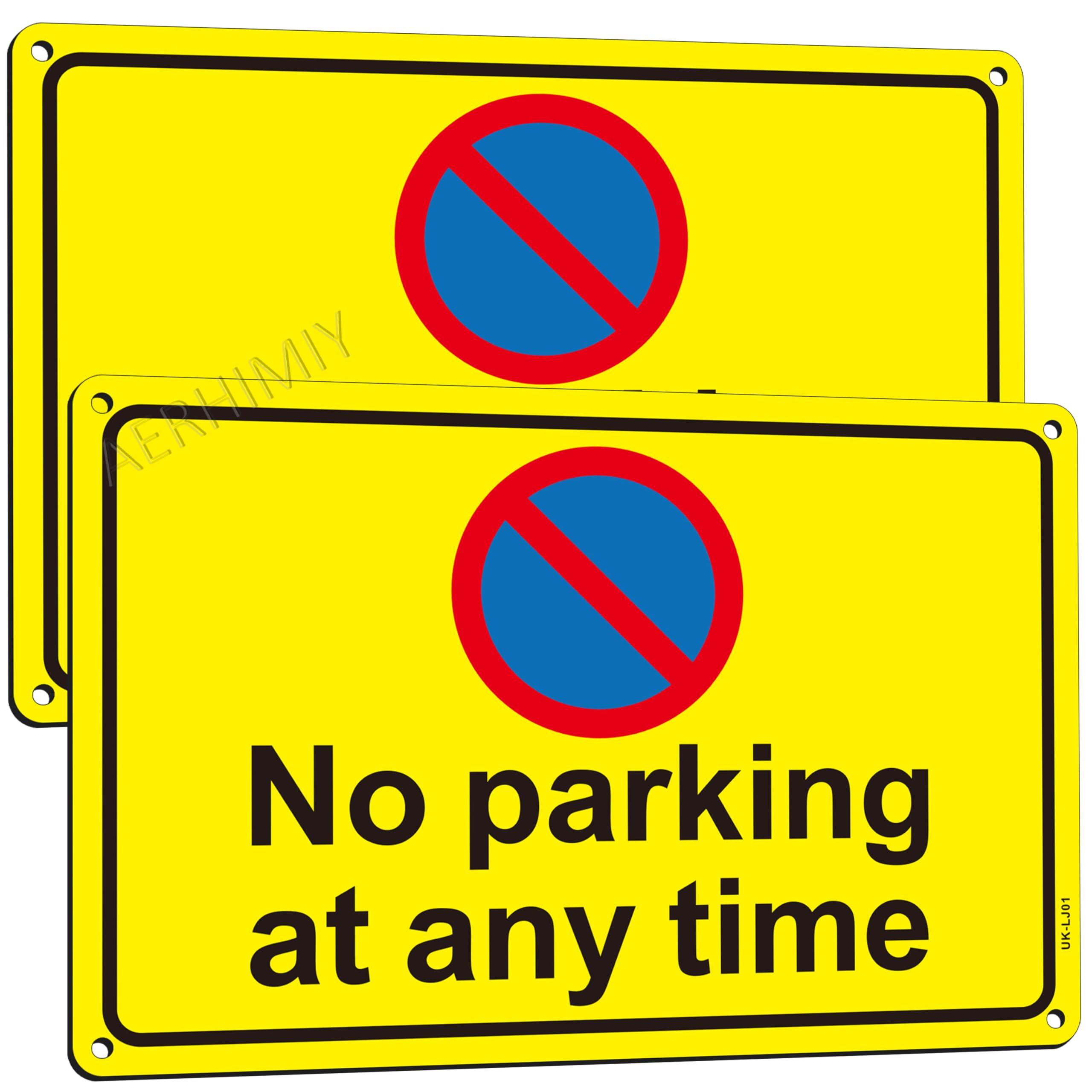 2 x No Parking At Any Time Sign Metal 300 × 200mm(A4), Yellow No Parking Sign Aluminum Reflective, With 4 Drilled Holes