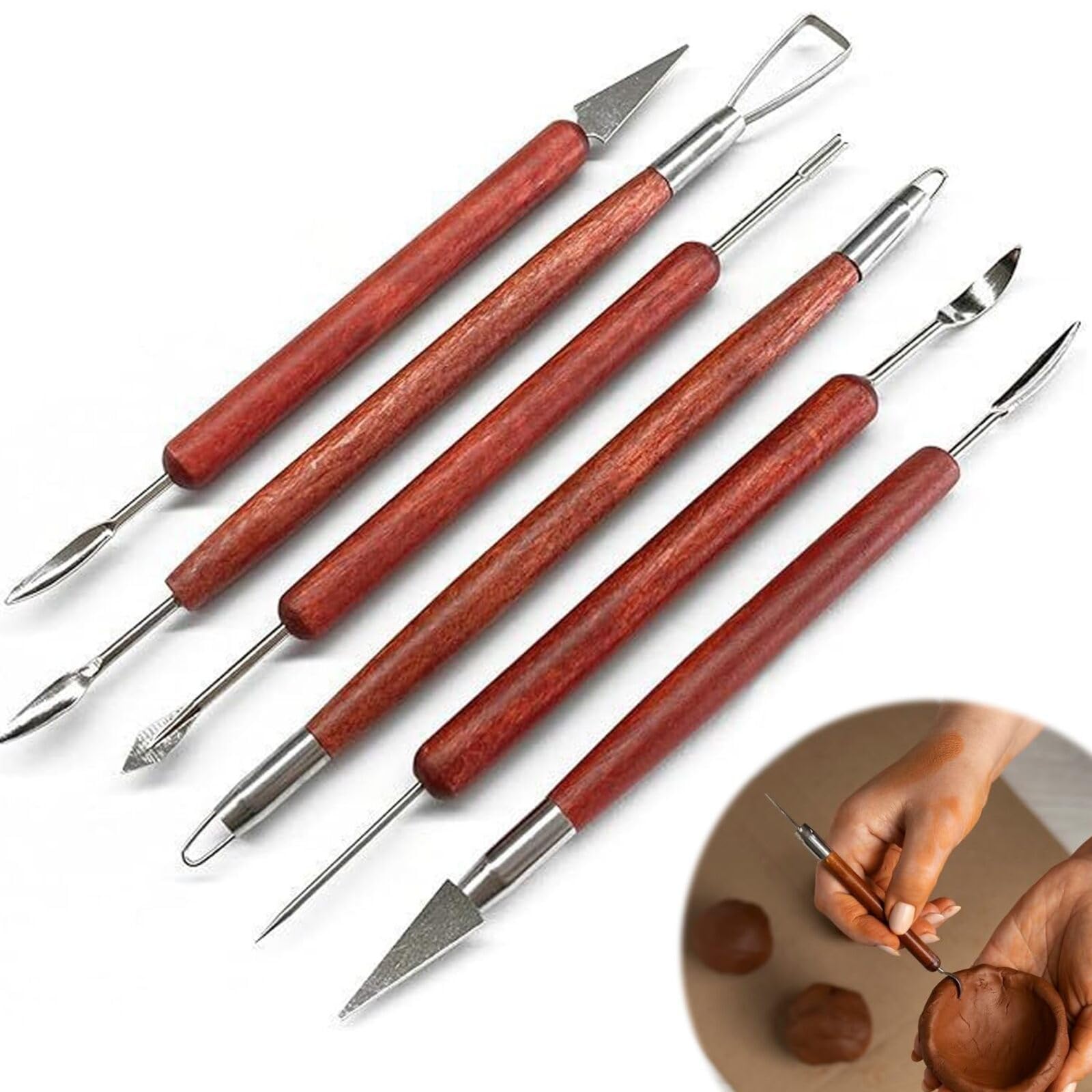 Clay Tools & Wooden Clay Tools Set, 6-Piece Double Sided Metal and Wood Sculpting Tools for Pottery Air Dry Clay, Ceramics & Art Crafts