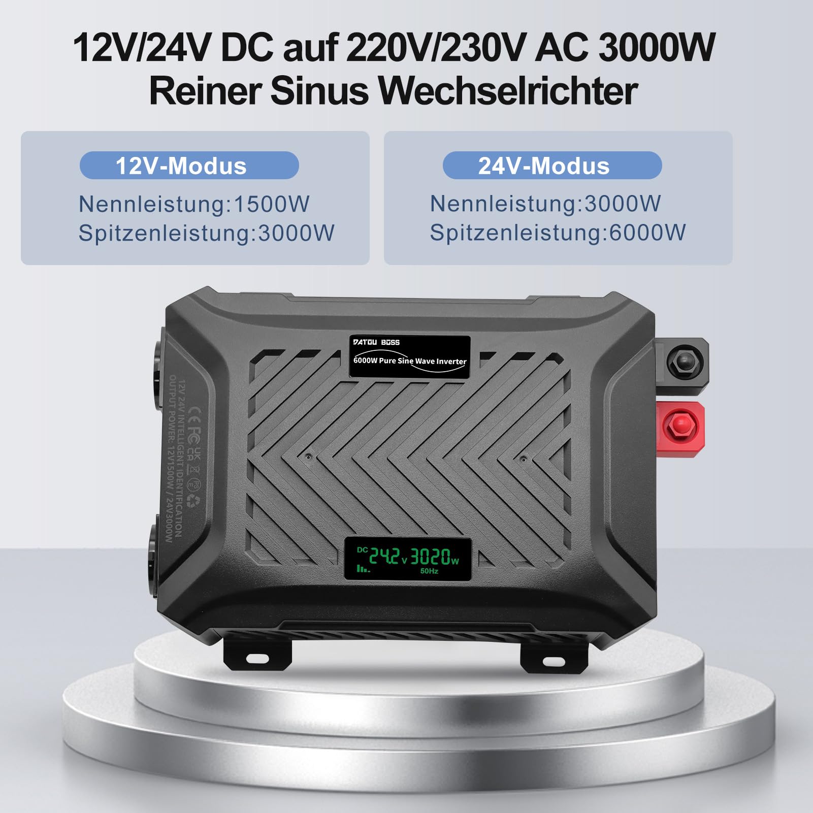 DATOUBOSS Inverter Onda Sinusoidale Pura 12V/24V a 220V Convertitore Universale Onda Pura 3000W con sistema di rilevamento intelligente, con LCD Display, interfaccia USB, Type-C e 2 presa UE