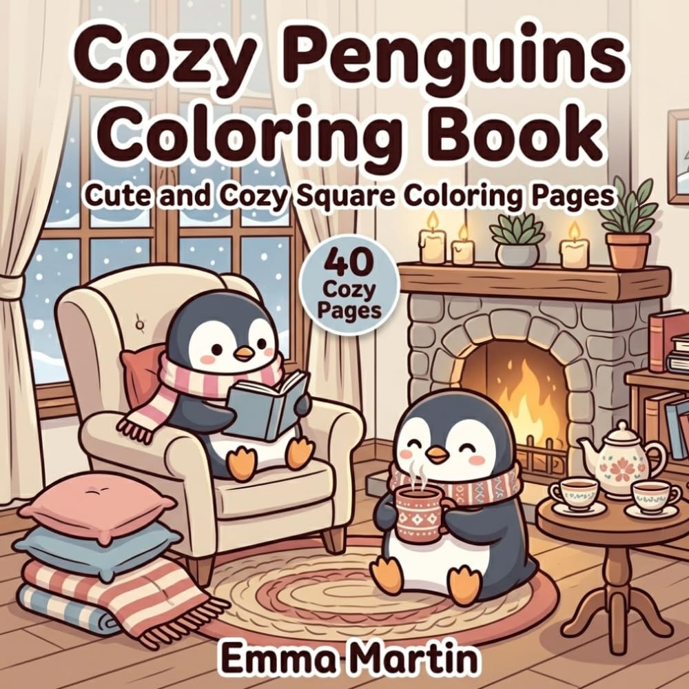 Cozy Penguins Coloring Book: Cute and Cozy Square Coloring Pages