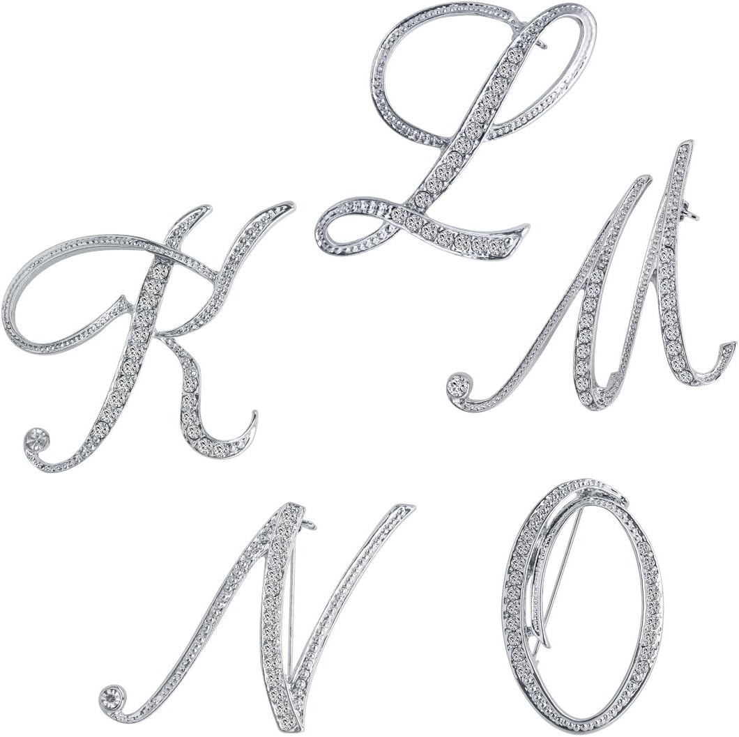 Pack of 5 1Pcs English Letters Silver Plated Metal Clear AAA+ Crystal Lapel Pin Brooches Collar Party Gifts (K+L+M+N+O) (KLMNO)