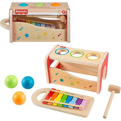 Fisher-Price Wood Toddler Toy Pound & Tap Bench Xylophone, 6-Piece Wooden Musical Activity for Preschool Kids Ages 18+ Months