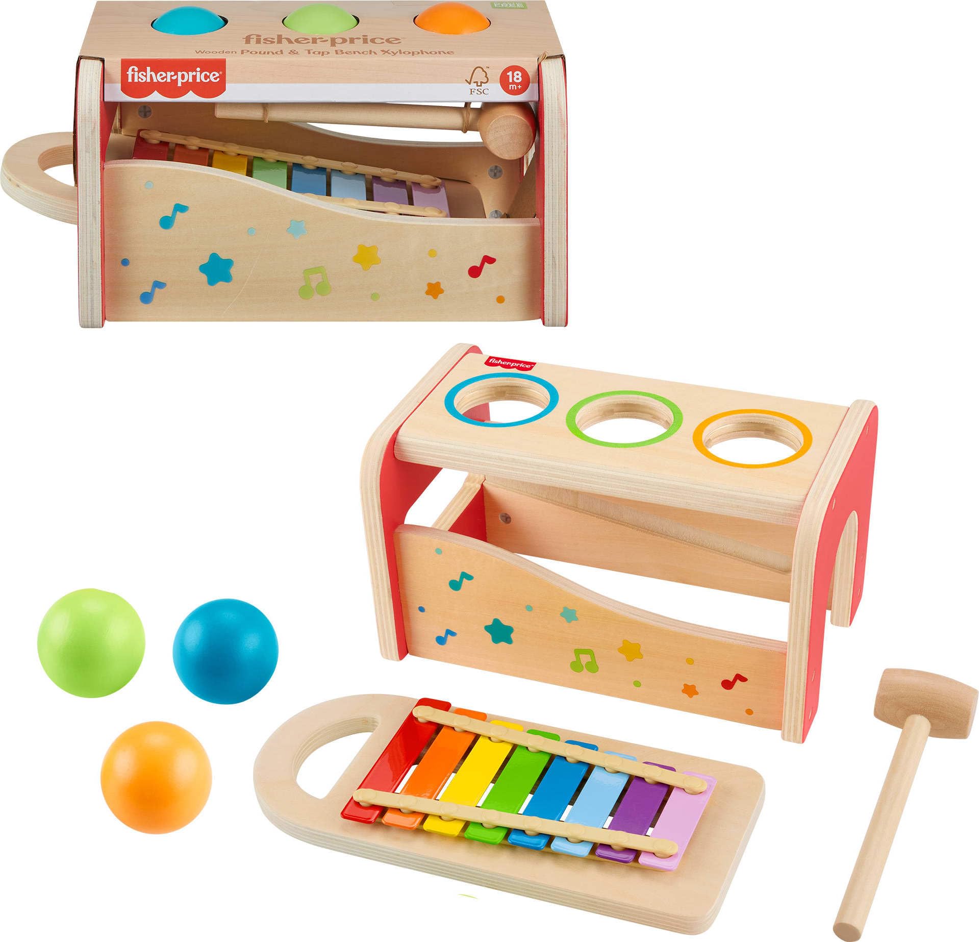 Fisher-Price Wood Toddler Toy Pound & Tap Bench Xylophone, 6-Piece Wooden Musical Activity for Preschool Kids Ages 18+ Months