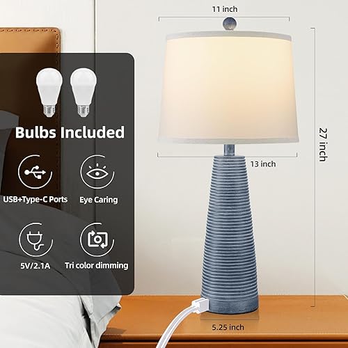 Miniatura 7 de Terpsichore Juego de 2 lámparas de mesita de noche, estilo vintage, rústica, de granja, de 3 vías, luz de rayas horizontales, regulable, adecuada