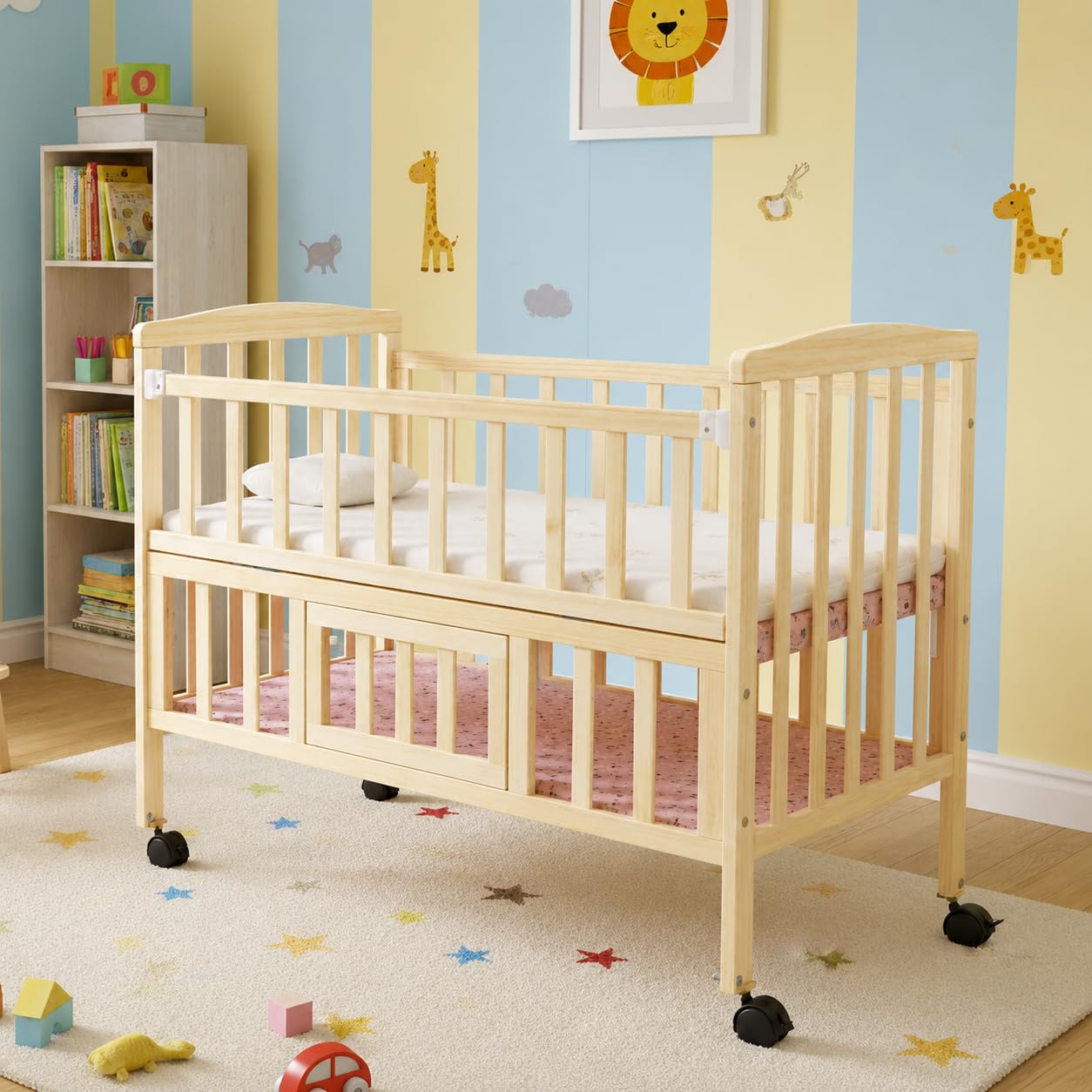 FURNIFEST Wooden Baby Cot with Mattress, Baby Crib Cradle with Mosquito Net. Strong German Pine Cot with Height Adjustable Bed and Crib attaches to Parent's Bed. Storage Space, Double Side Extendable