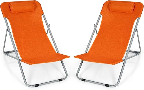 COSTWAY Juego de 2 sillas de playa portátiles de 3 posiciones con reposacabezas naranja