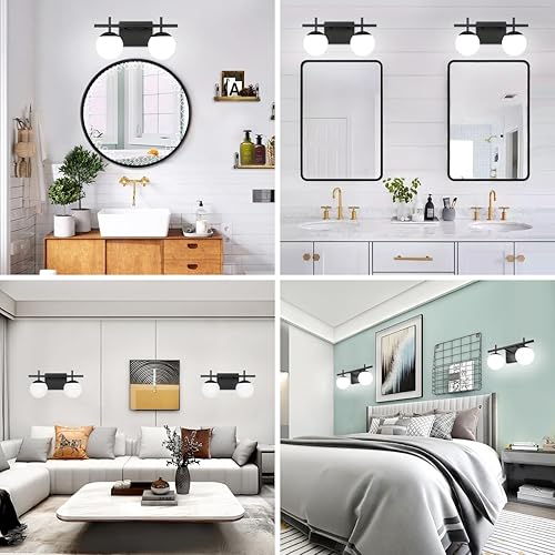 Miniatura 4 de Lámparas de baño sobre espejo, luces negras de tocador para baño con vidrio esmerilado blanco, 2 lámparas de iluminación modernas de tocador,