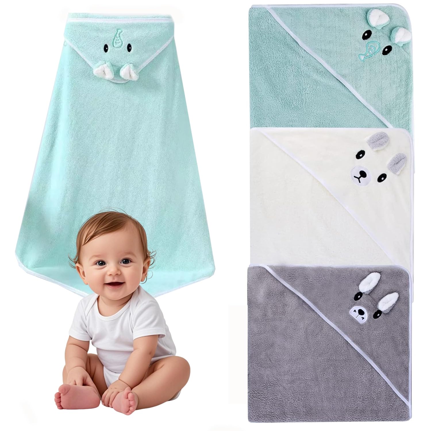 Cape De Bain Bébé 3Pcs - Serviette Éponge Douce & Absorption Forte - Peluche De Corail Haute Qualité - Pour Bébé Garçon 0-5 Ans - 80 x 80cm (B)