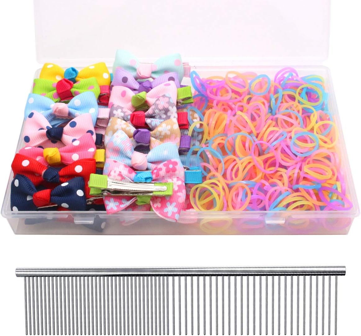 YOY 40 Adorable Pet Dog Hair Bows with Clips & 1000 Rubber Bands & 1 Steel Grooming