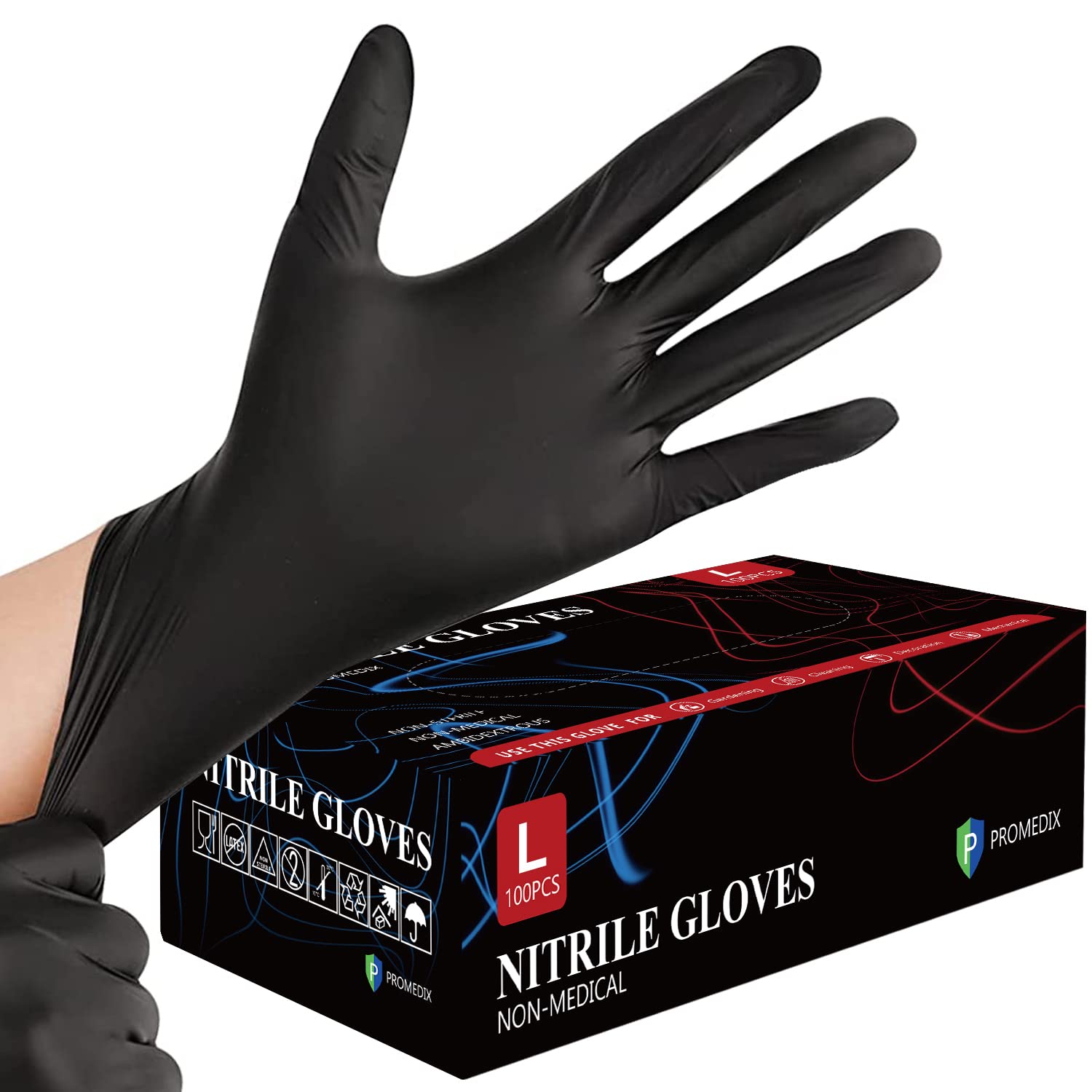 Black Nitrile Gloves,100 Count - Large,3mil,Latex & Powder Free,Food-Safe,Cleaning,Cooking,Mechanic