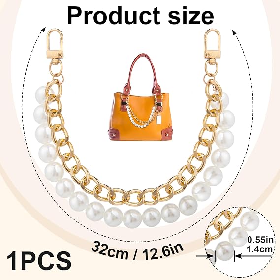 YALOJE Big Pearl Purse Bag Chain, Metal Double Chain Handbag Extender Straps for Women, Elegant Bag Charm Decoration Short Handle Replacement Accessories for Shoulder Crossbody Bags - Gold, 1pcs